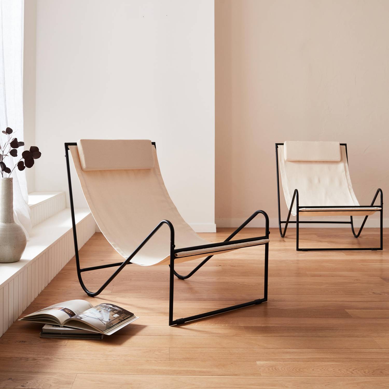 Lot de 2 fauteuil relax Mencora structure en métal, assise en toile avec repose-tête  Photo3