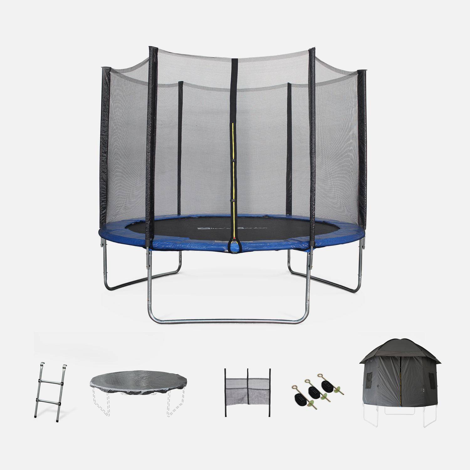 Trampoline 305cm bleu avec pack d'accessoires + Tente de camping avec sac de transport Photo1