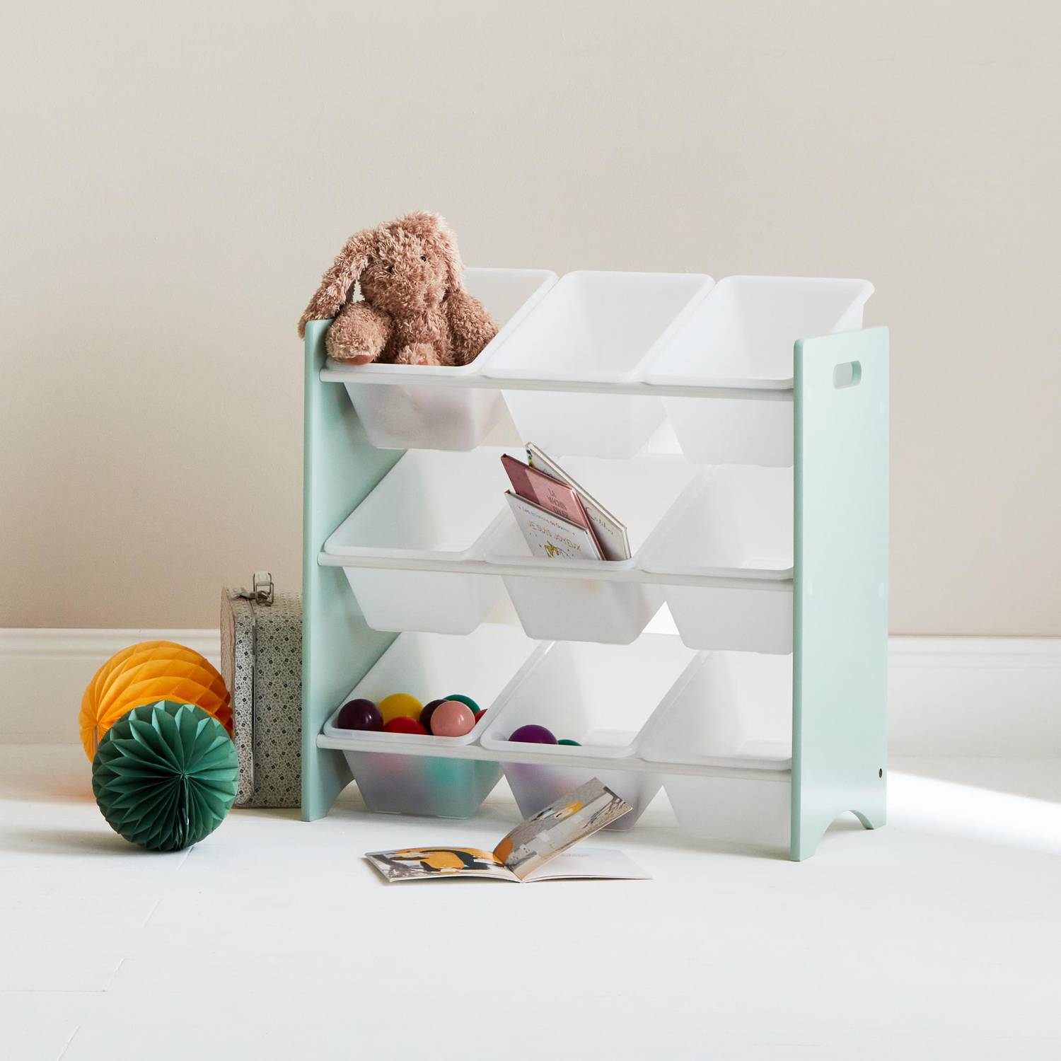 Mueble de almacenaje infantil con 9 compartimentos, verde celadón - Tobias - MDF decoración madera natural, 64x29.5x60cm Photo1