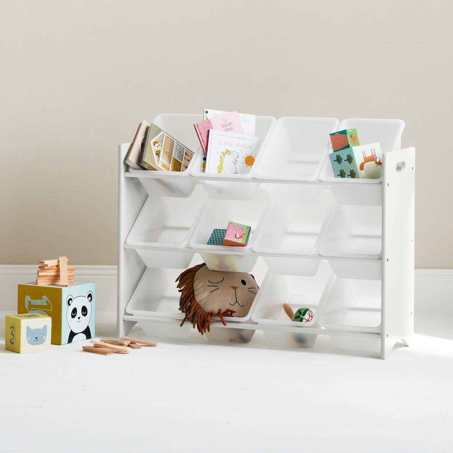 Meuble de rangement pour enfant avec 12 casiers, blanc - Tobias - MDF décor bois naturel, L 84 x P 29,5 x H 60cm Photo2