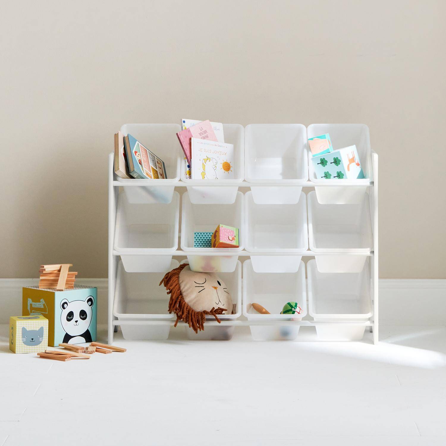 Meuble de rangement pour enfant avec 12 casiers, blanc - Tobias - MDF décor bois naturel, L 84 x P 29,5 x H 60cm Photo1