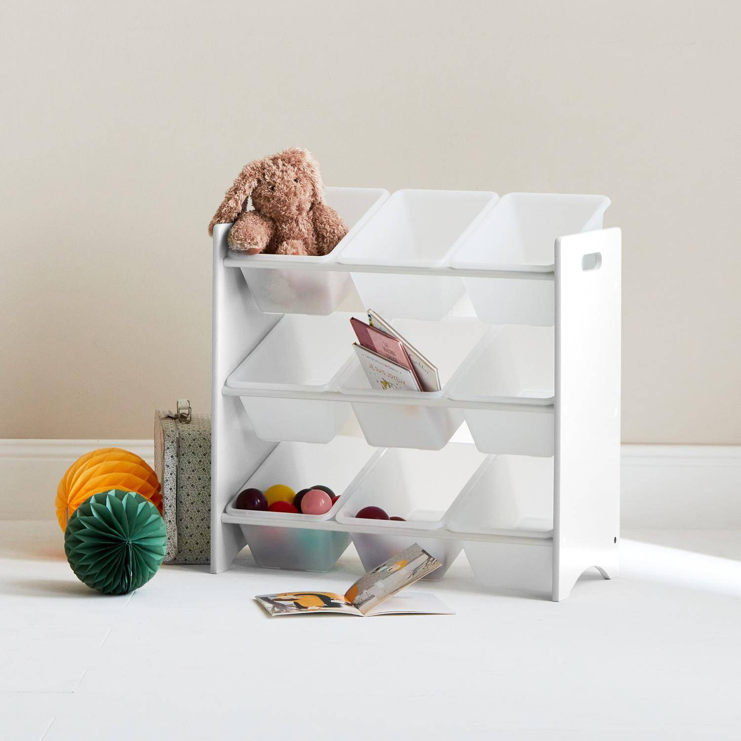 Aufbewahrungsregal mit 9 Boxen für Kinder - TOBIAS - Massivholz weiß, 64 x 29,5 x 60 cm Photo1