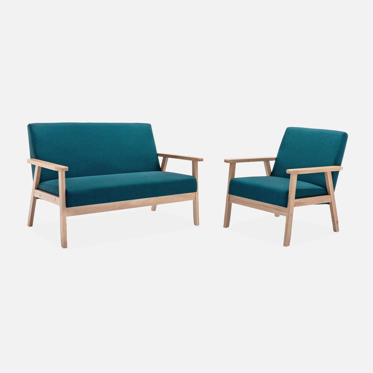 Banquette et fauteuil scandinave en bois et tissu bleu pétrole L 114 x l 69,5 x H 73cm Photo1
