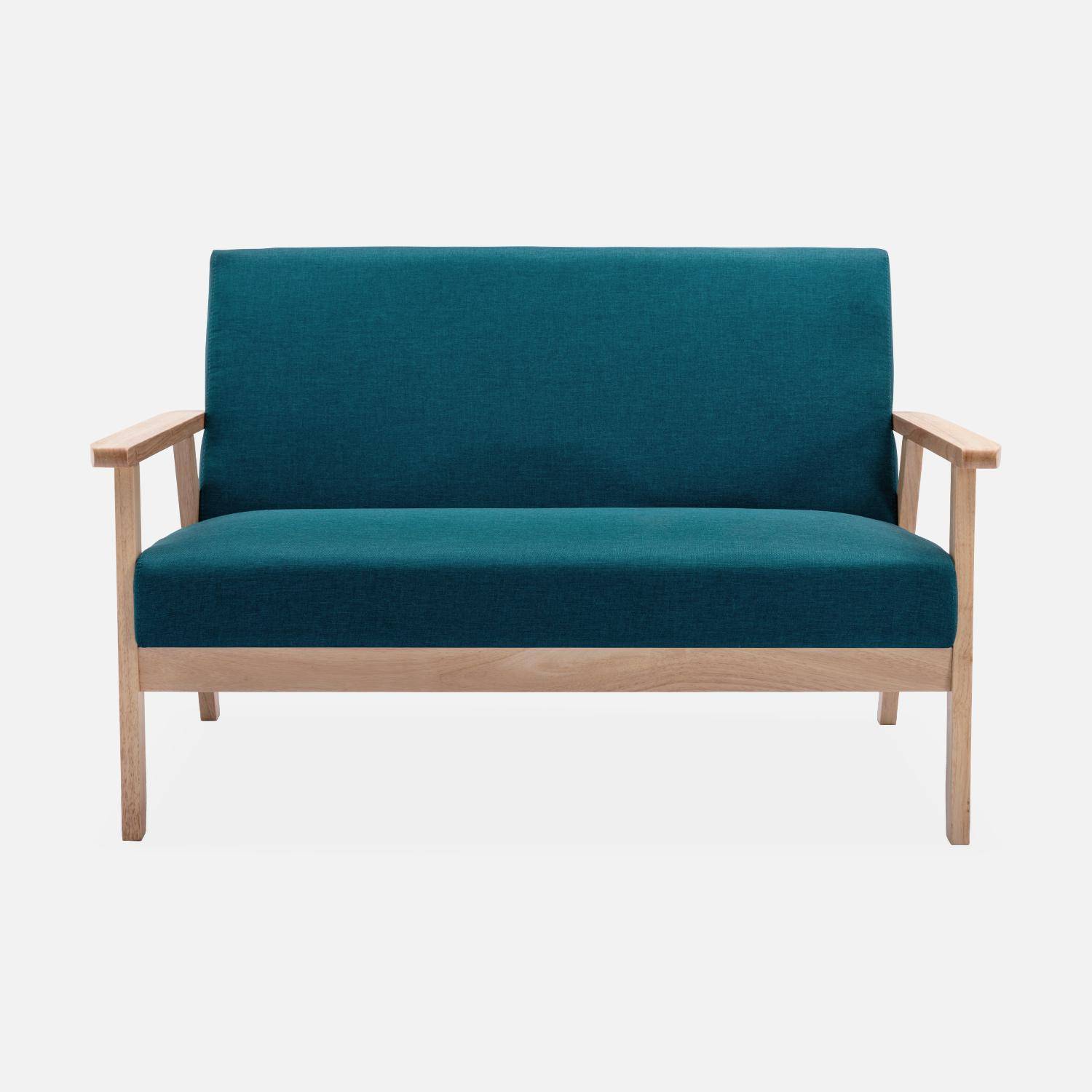 Banquette et fauteuil scandinave en bois et tissu bleu pétrole L 114 x l 69,5 x H 73cm Photo2