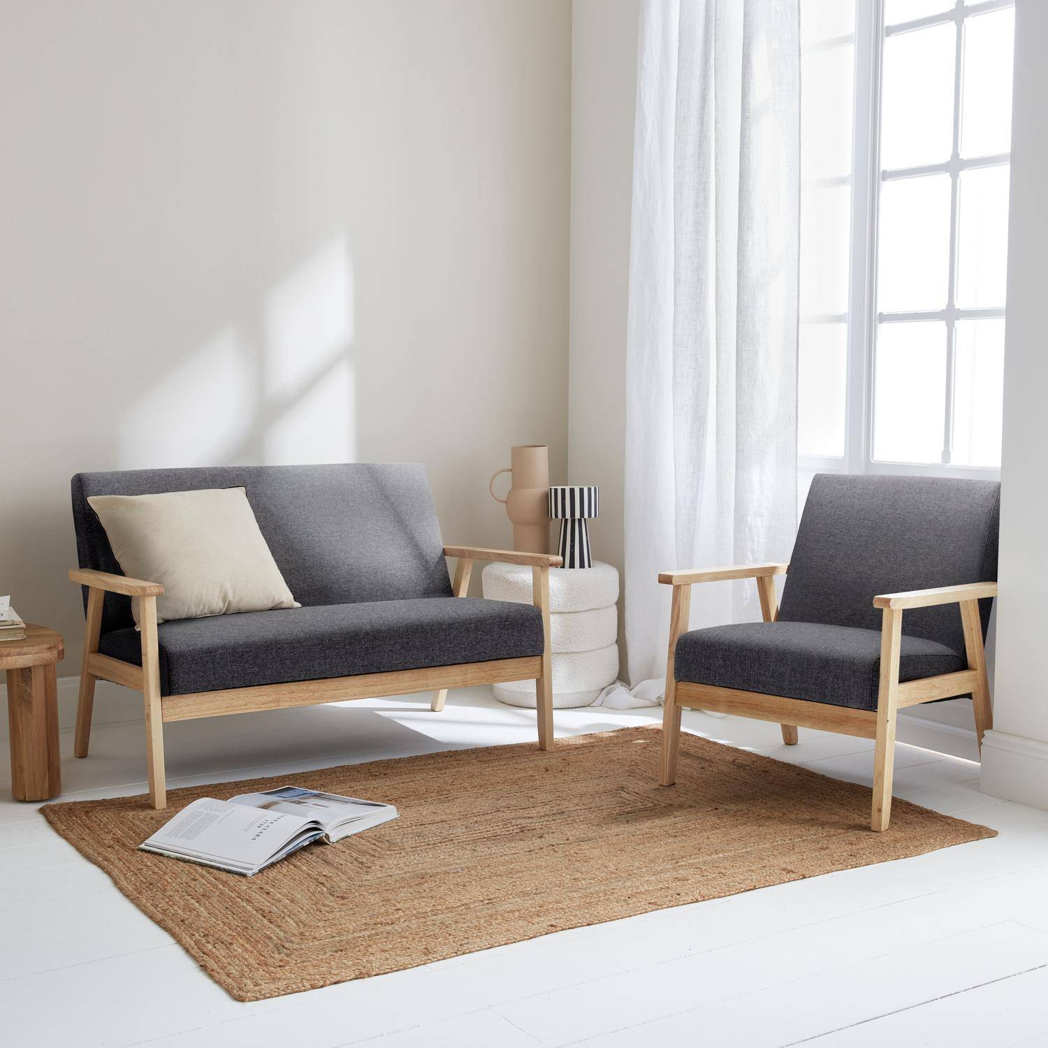 Banquette et fauteuil en bois et tissu gris foncé, Isak, L 114 x l 69,5 x H 73cm Photo1