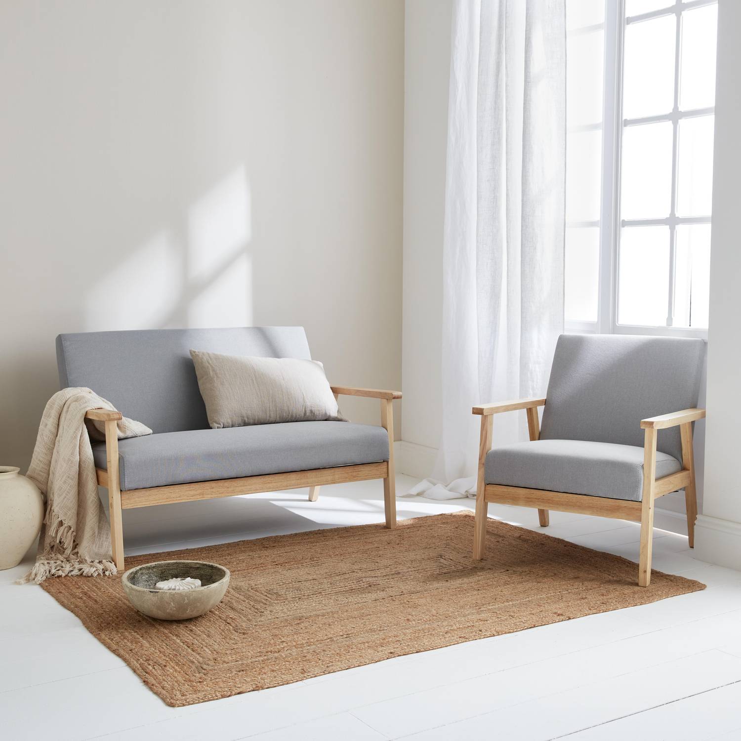 Banquette et fauteuil en bois et tissu gris clair, Isak, L 114 x l 69,5 x H 73cm Photo2