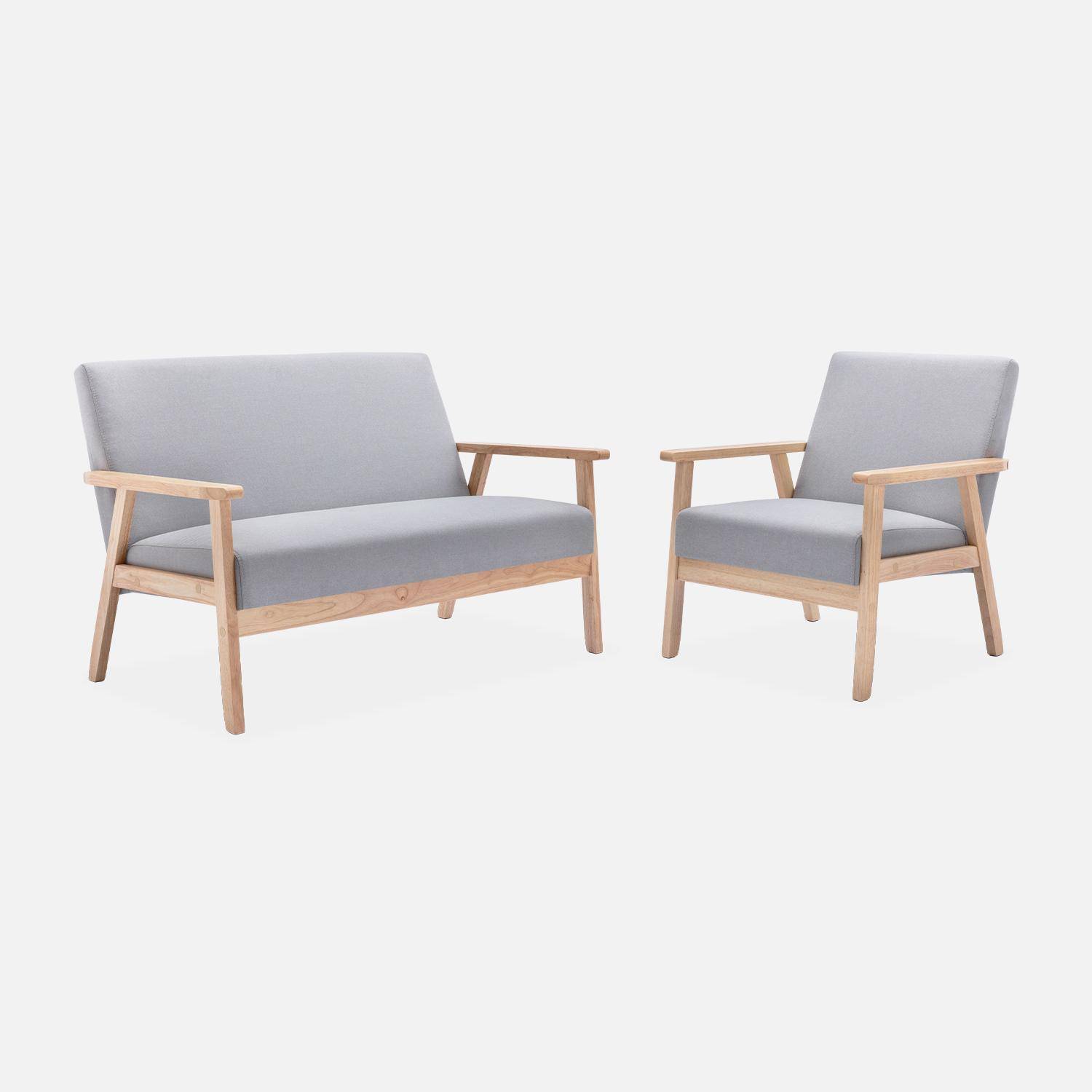 Banquette et fauteuil en bois et tissu gris clair, Isak, L 114 x l 69,5 x H 73cm Photo3
