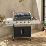 Barbecue gaz inox 17kW - Richelieu noir - Barbecue 5 brûleurs dont 1 feu latéral, côté grill et côté plancha Photo2