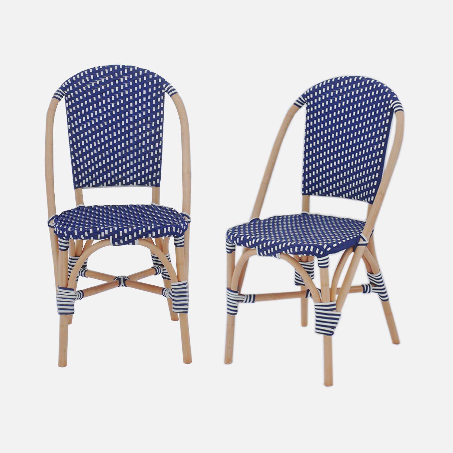 Lot de 2 chaises empilables bistrot en rotin et polyrotin bleu et blanc, L 48 x P 58 x H 90cm Photo3