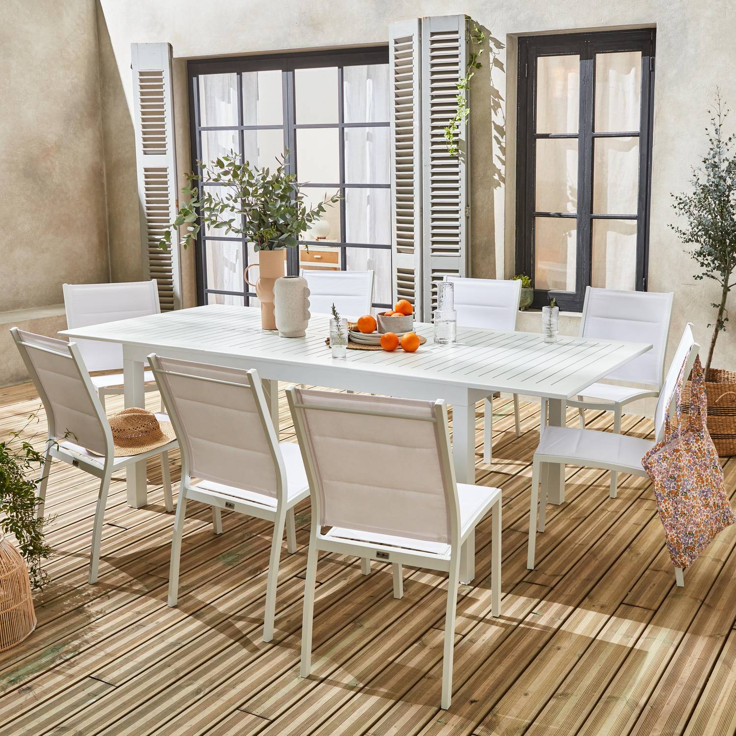 Salon de jardin - Chicago Blanc / Blanc - Table extensible 175/245cm avec rallonge et 8 assises en textilène Photo1