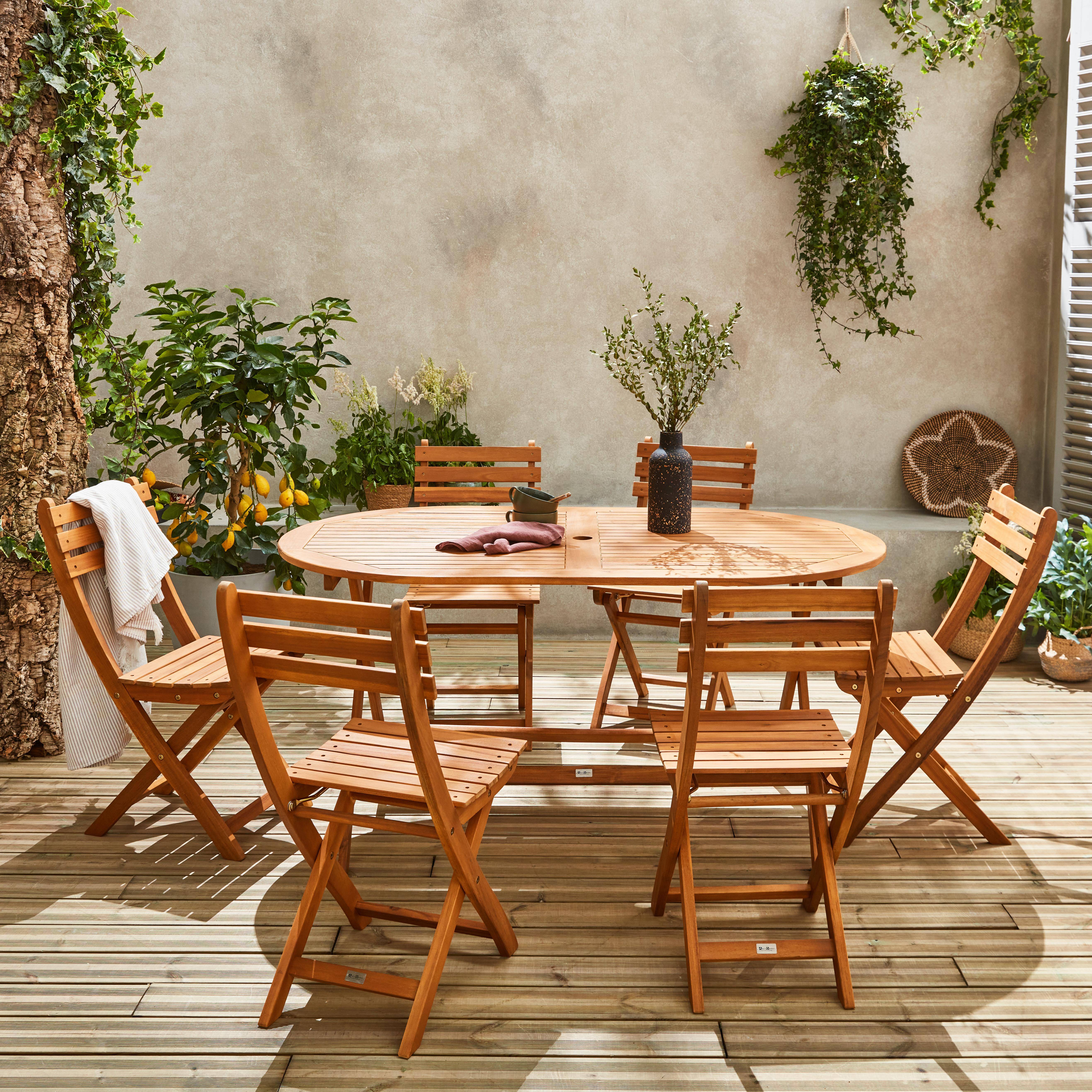 Table de jardin pliable en bois d'acacia, forme ovale avec  6 chaises Photo2
