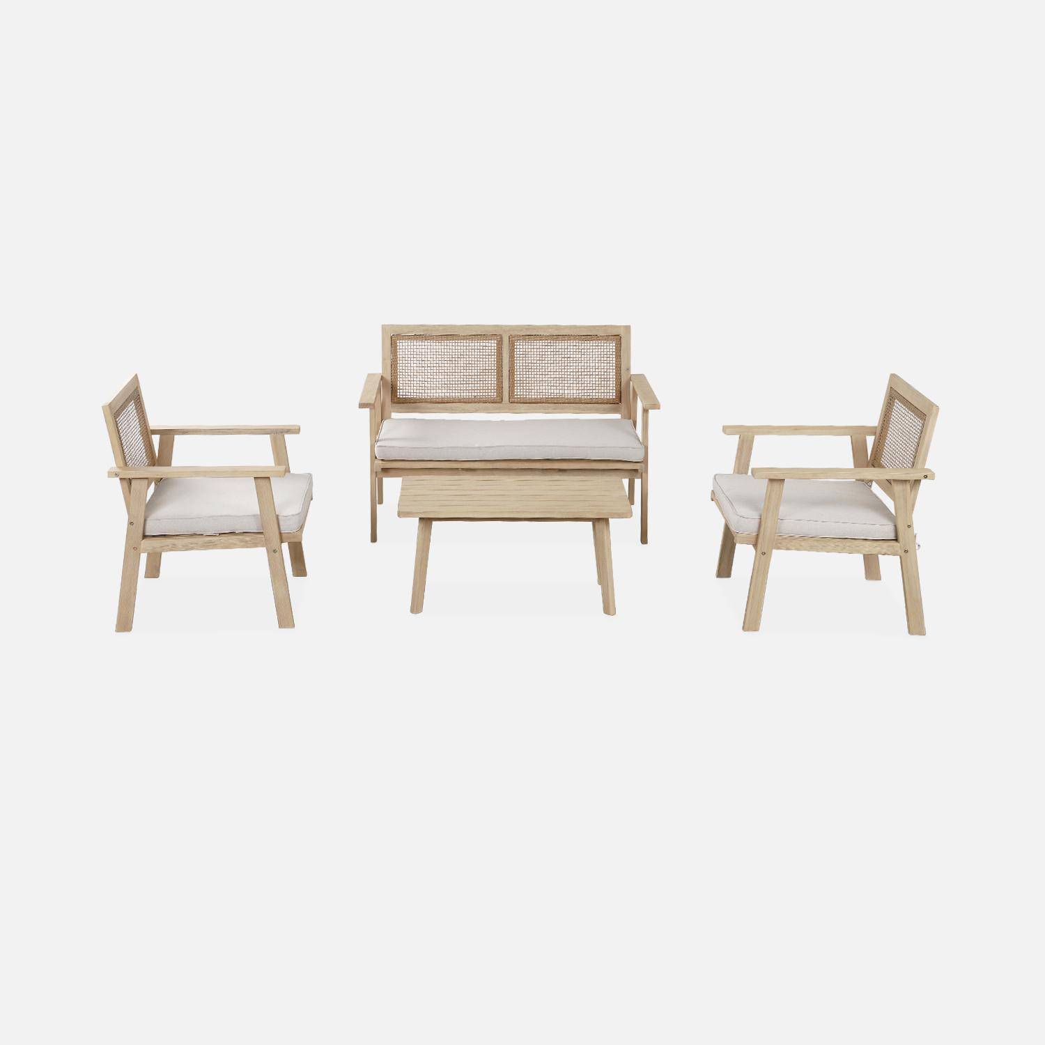 Gartenmöbel, quadratisches Rohrgeflecht 2-Sitzer-Sofa, Akazie hell gebürstet, 2 Sessel, 1 Couchtisch 117 x 64 x 74 cm Photo2