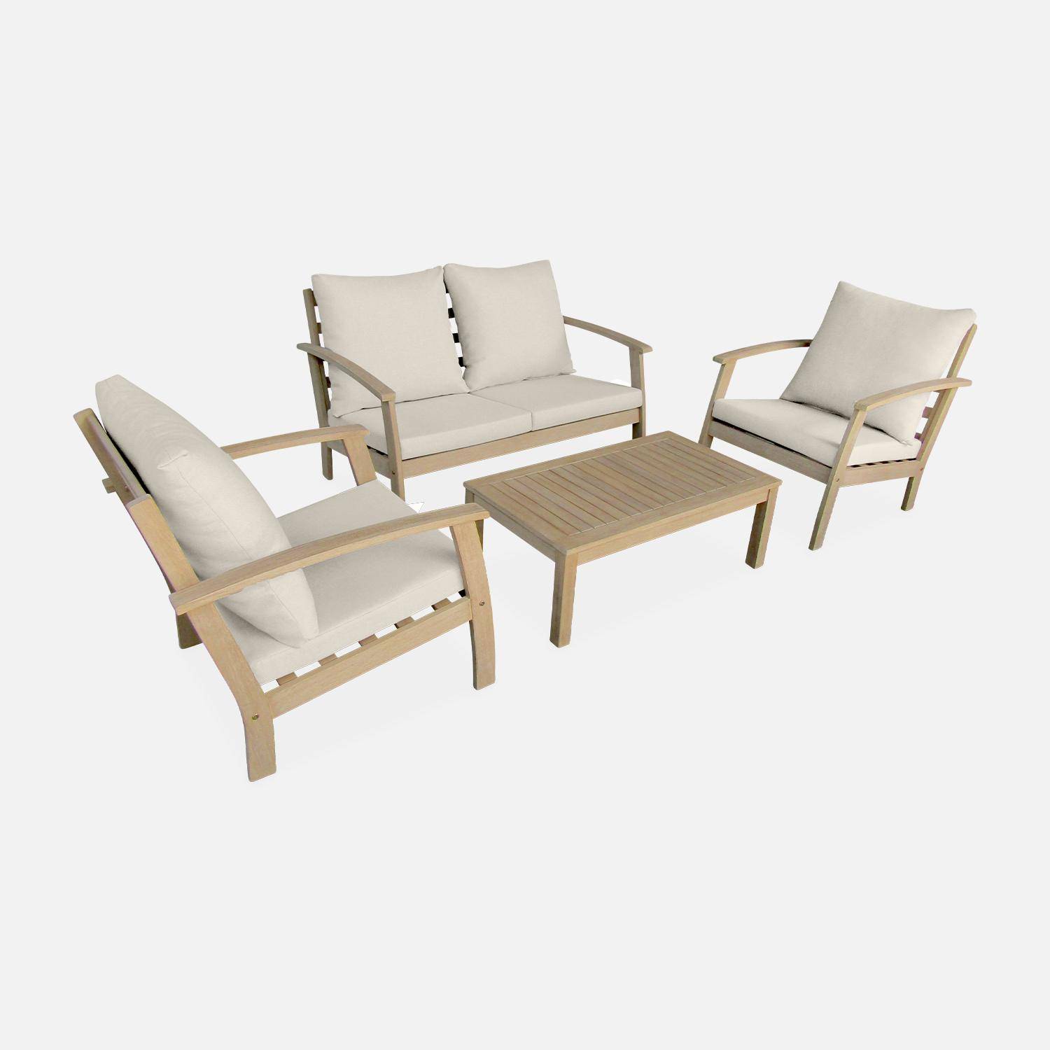 Salon de jardin en bois 4 places - Ushuaïa - Coussins beiges, canapé, fauteuils et table basse en acacia, design Photo3