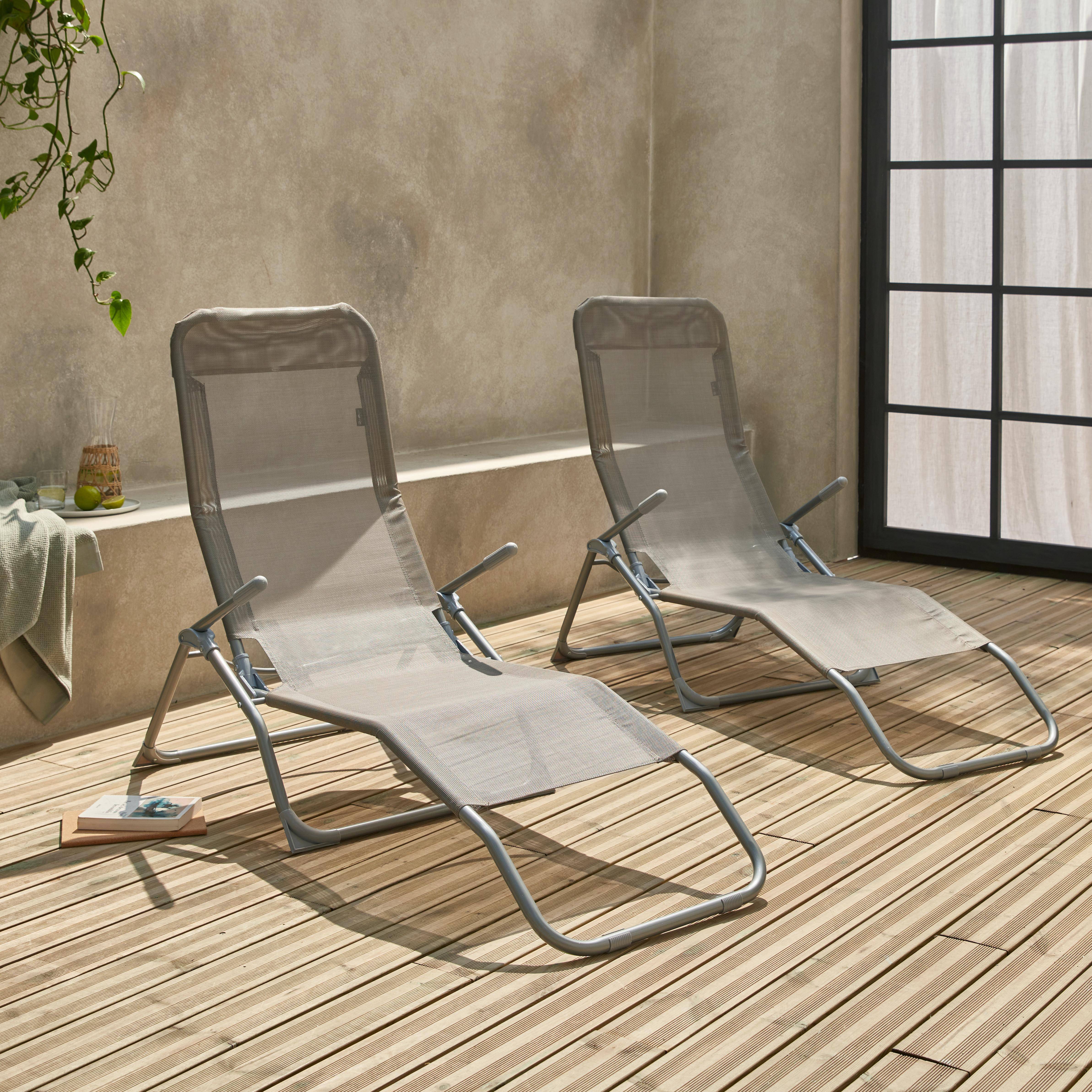 Lot de 2 bains de soleil pliants - Levito Gris taupe- Transats textilène 2 positions, chaises longues Photo1