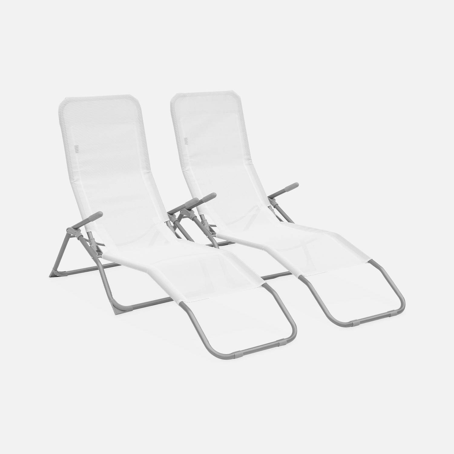 Lot de 2 bains de soleil pliants - Levito blanc - Transats textilène 2 positions, chaises longues Photo3