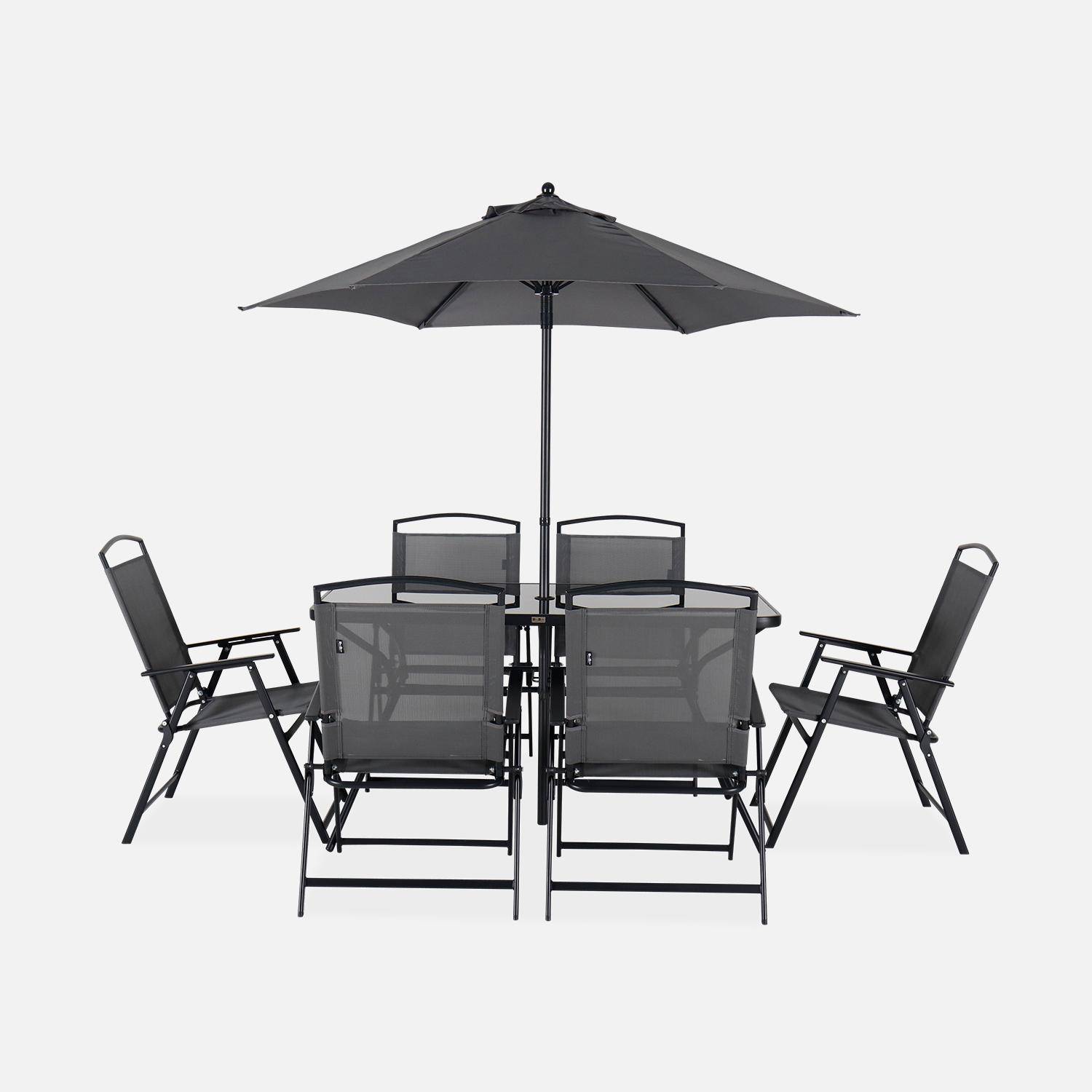 Table de jardin avec 6 fauteuils pliants gris et un parasol 2m, anthracite, structure acier avec revêtement anti rouille Photo4