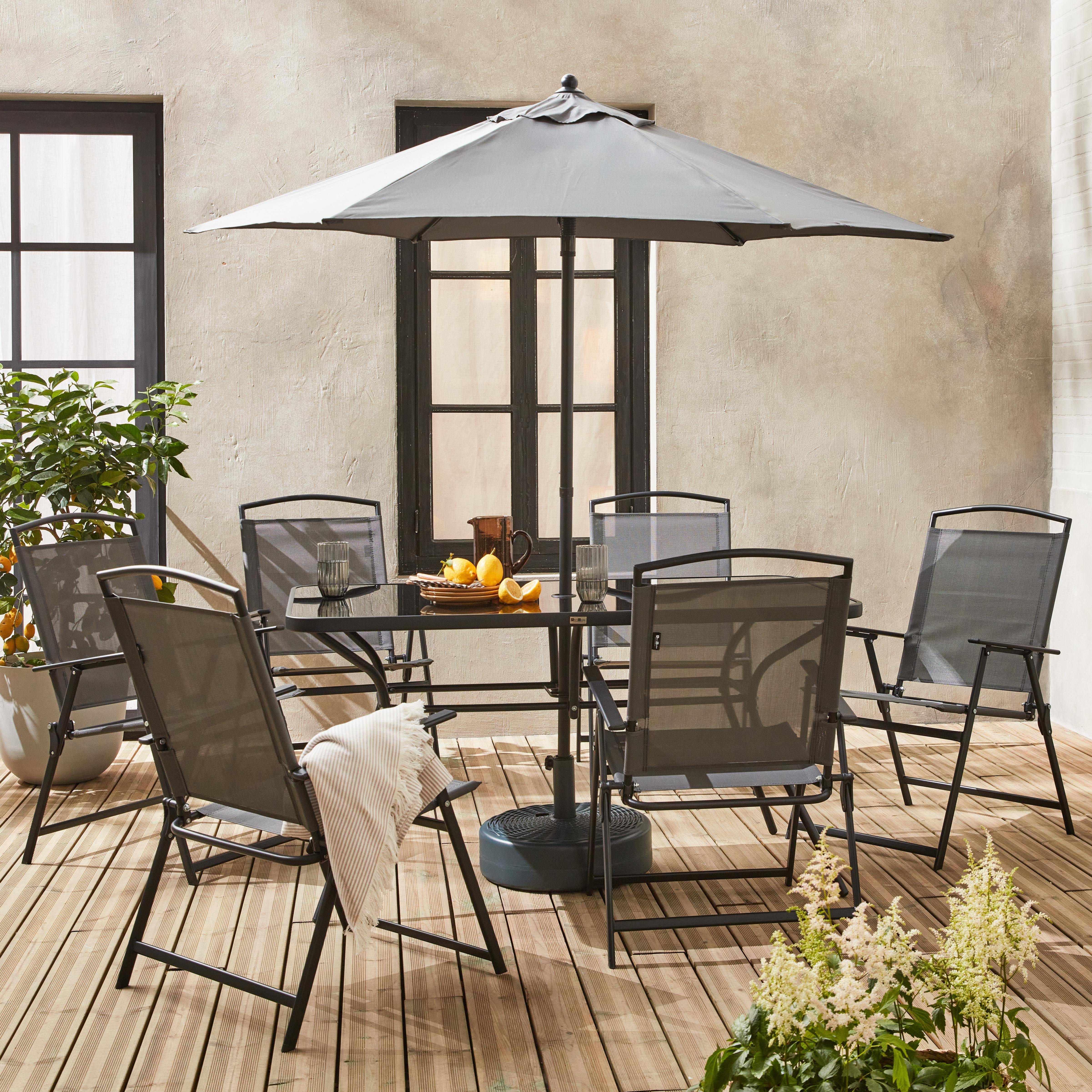 Tavolo da giardino in acciaio, 6 poltrone e 1 ombrellone, antracite Photo1
