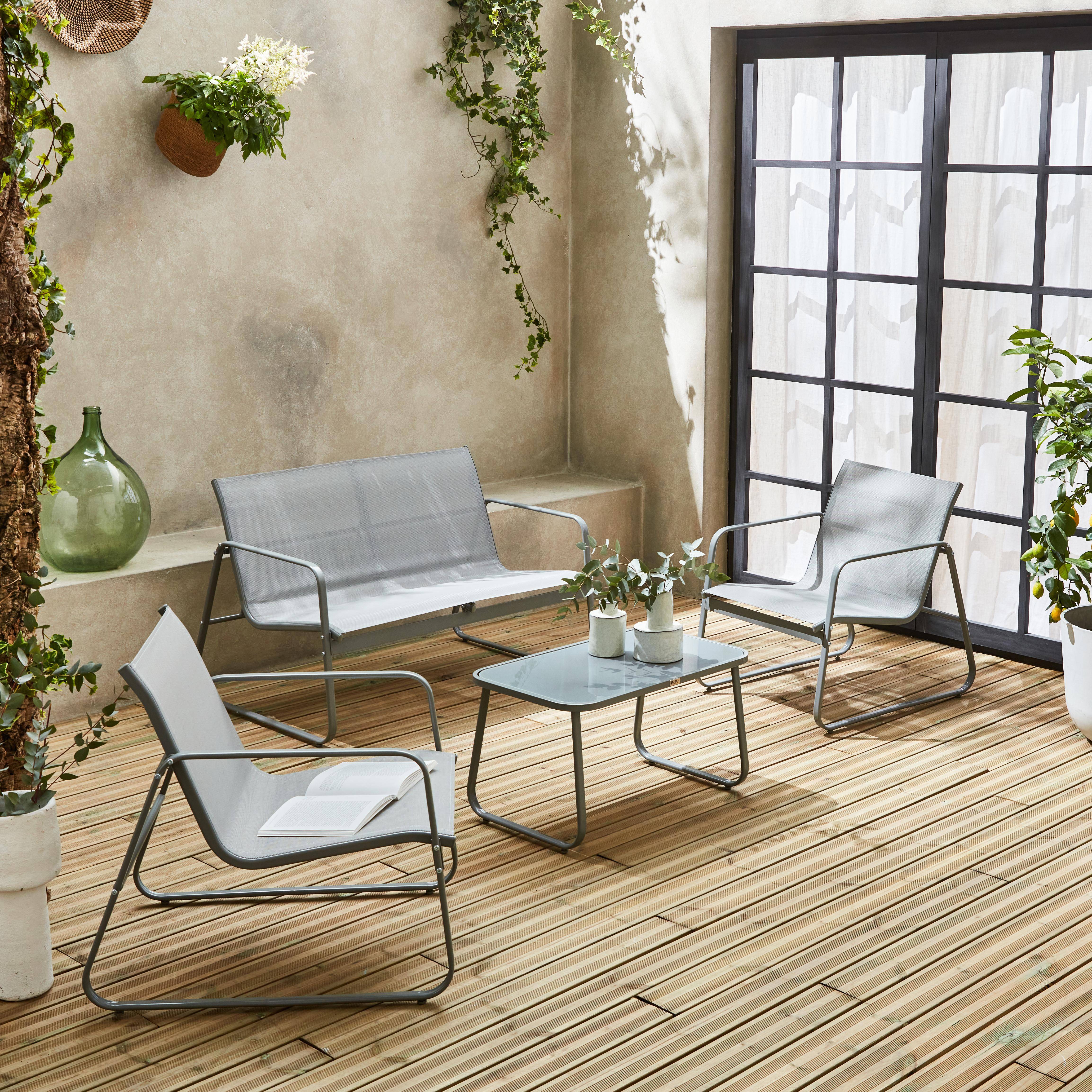 Mobiliário de jardim metálico e textileno para 4 pessoas, cinza claro, design   Photo1