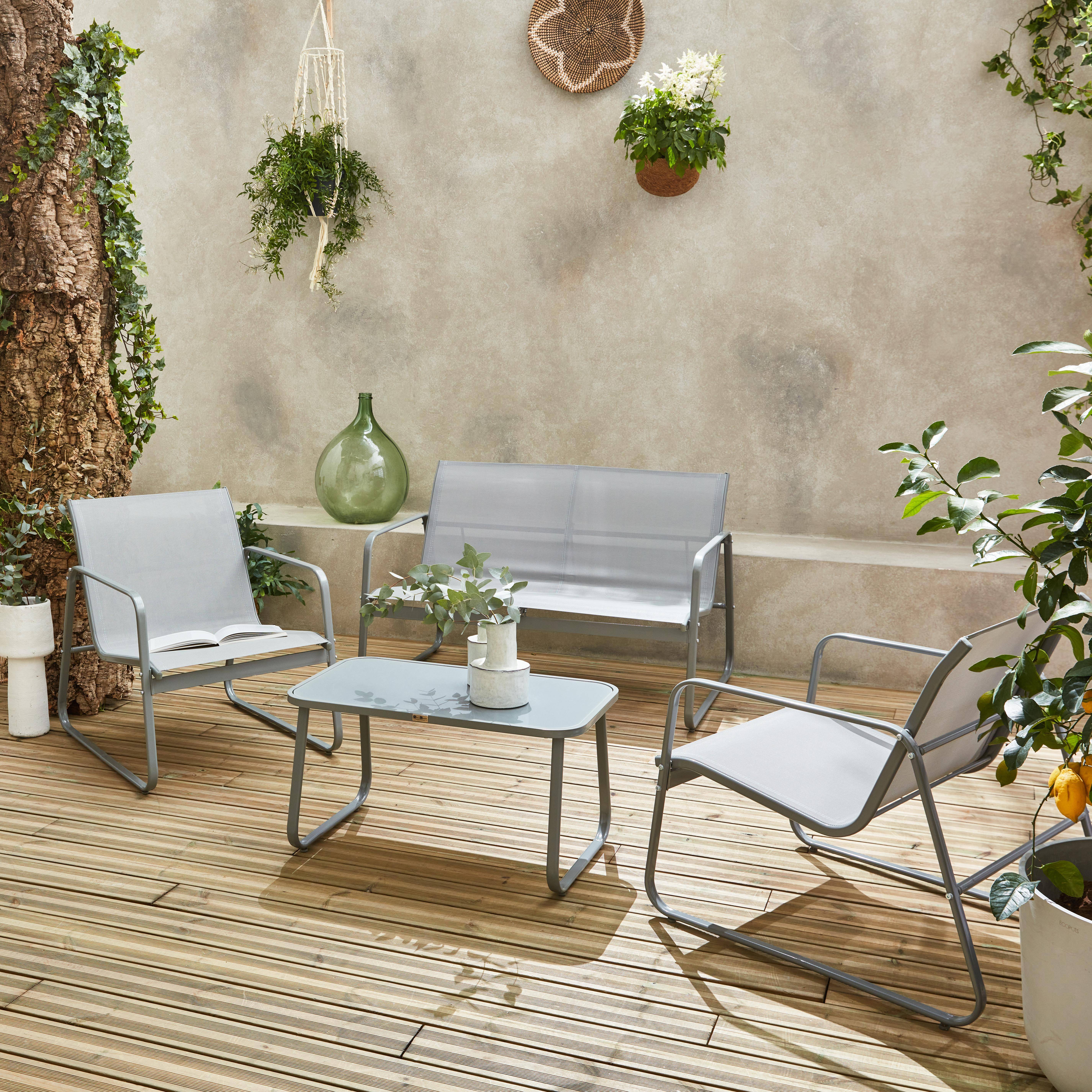 Mobiliário de jardim metálico e textileno para 4 pessoas, cinza claro, design   Photo2