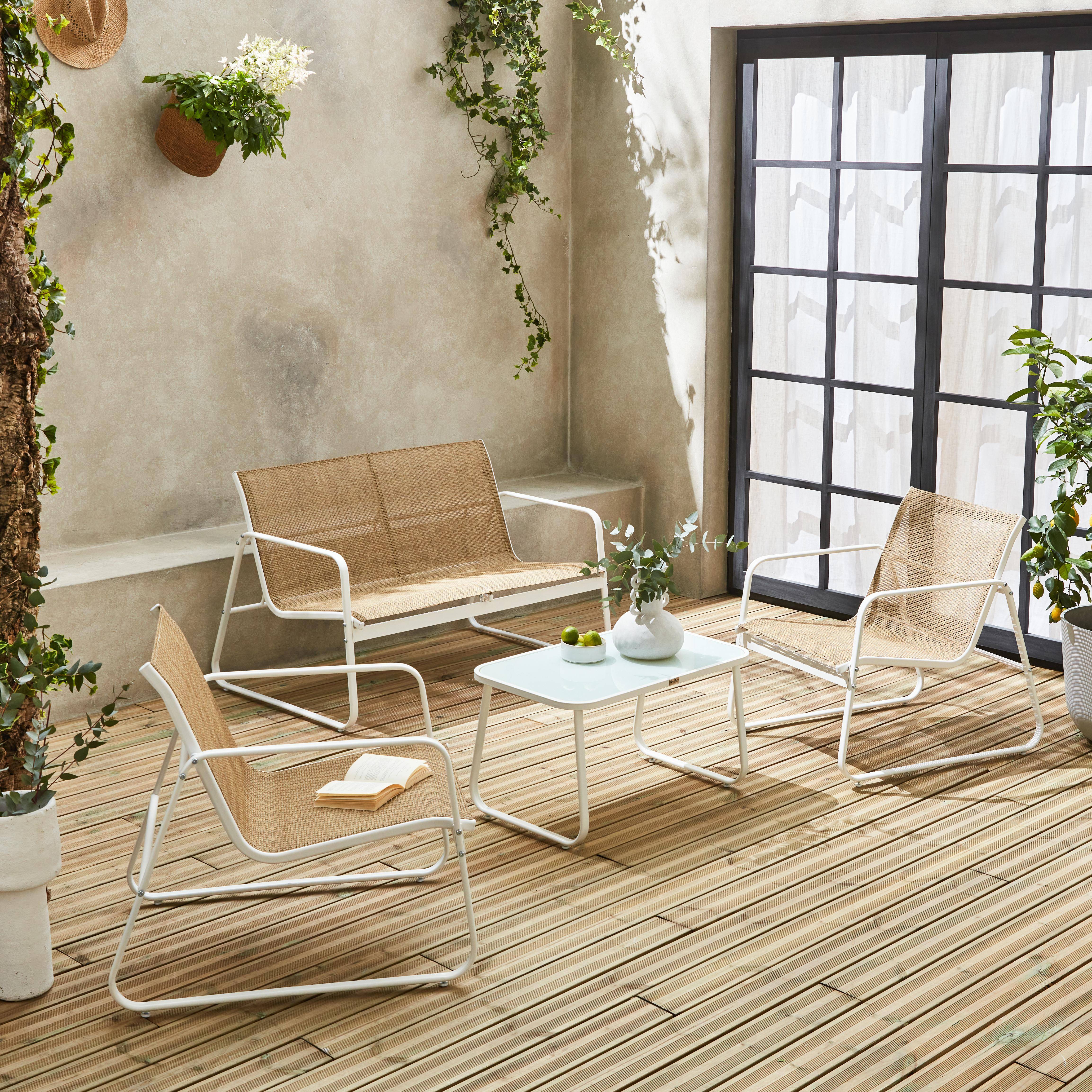 Mobiliario de jardín de metal y textilene para 4 personas, blanco y natural, diseño Photo1