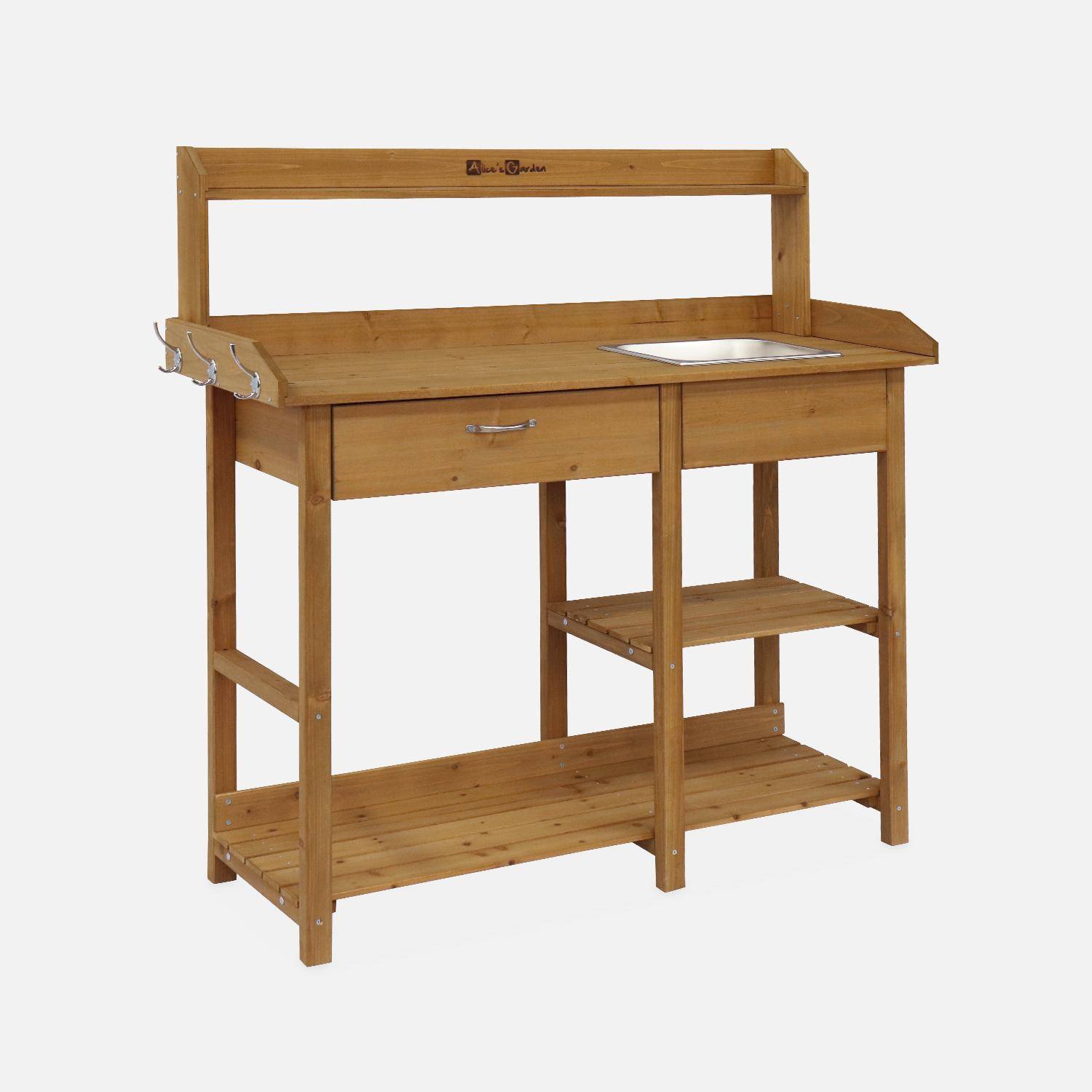Table de rempotage en bois Capucine, 1 tiroir, 2 étagères, 1 évier, crochets Photo3