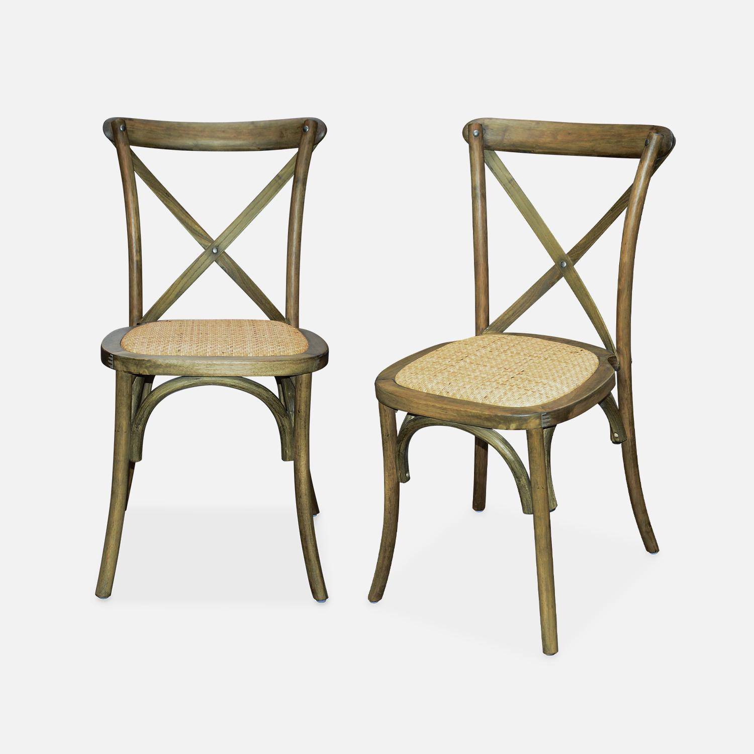 Lot de 2 chaises de bistrot en bois d'hévéa marron vieilli, vintage, assise en rotin, empilables Photo1