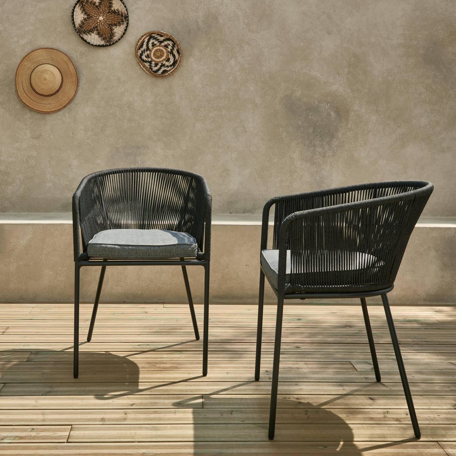 Lot de 2 fauteuils de jardin en corde noire et acier galvanisé, coussin gris  Photo2