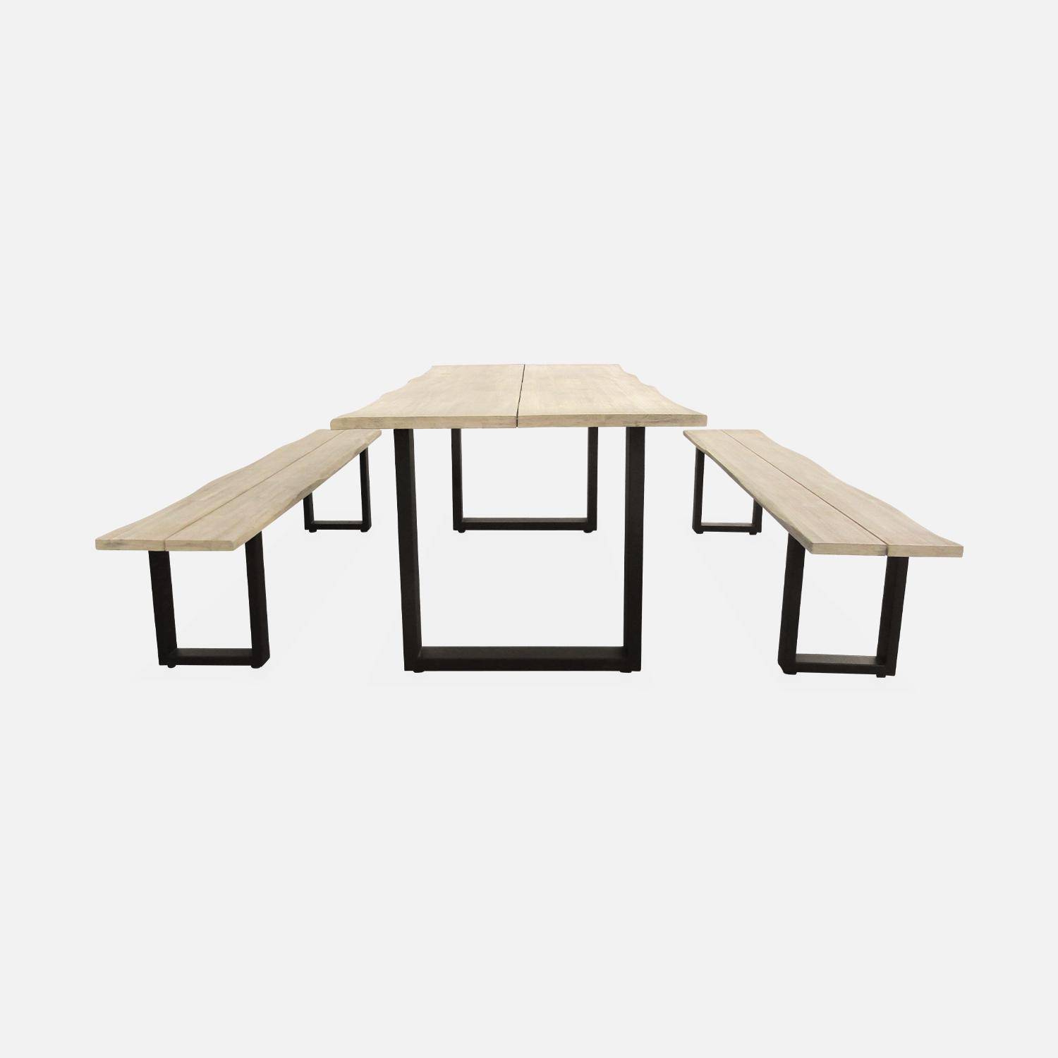 Table de jardin 6 places en bois avec bancs bois d'acacia et structure en acier noire Photo4