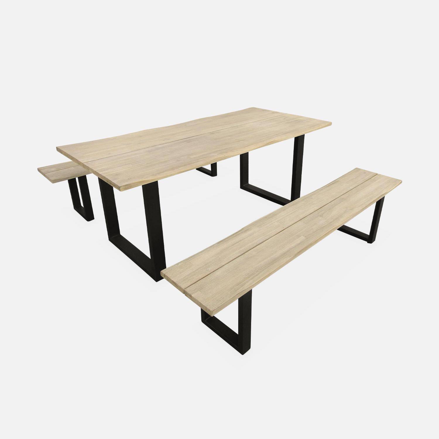 Table de jardin 6 places en bois avec bancs bois d'acacia et structure en acier noire Photo1