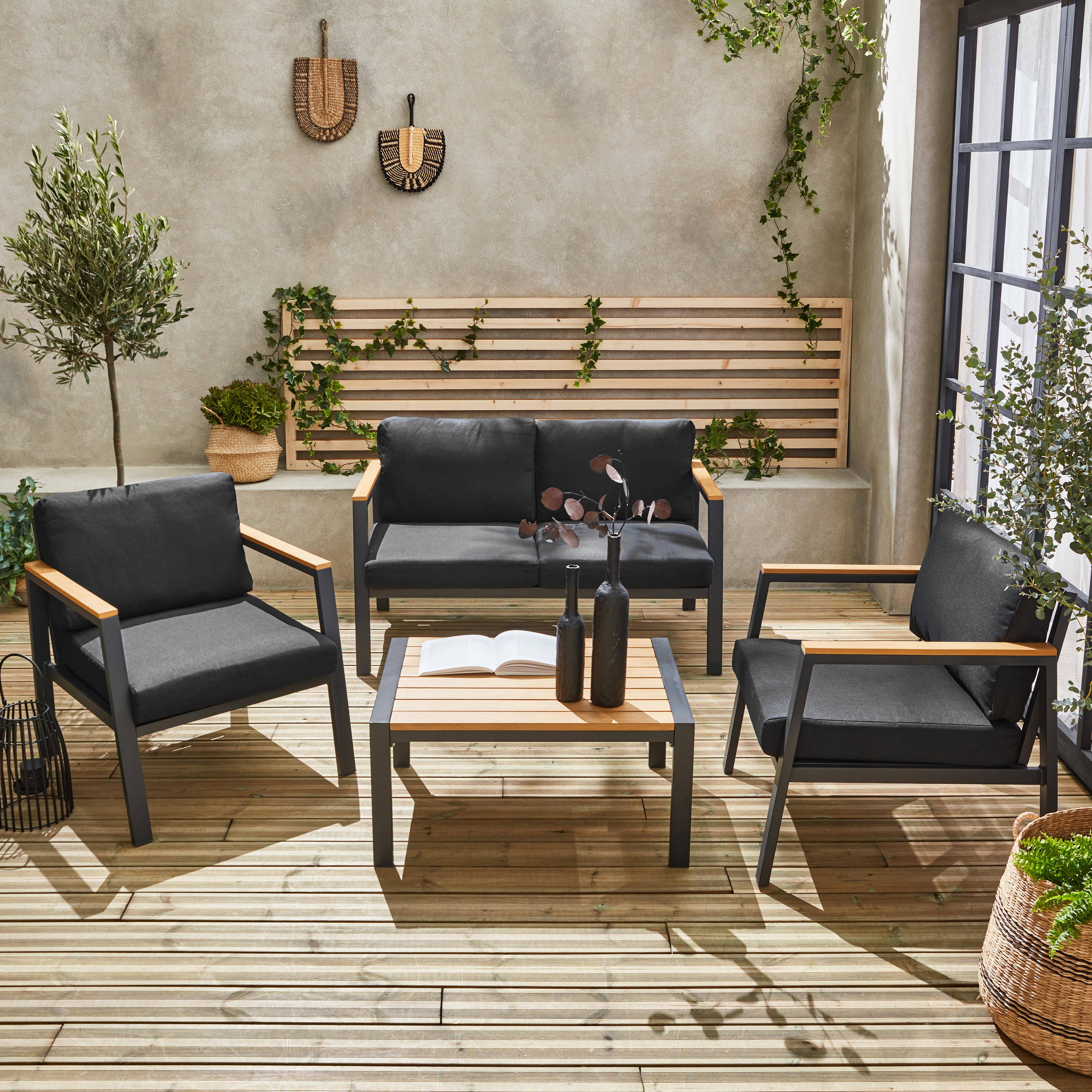 Salon de jardin Casoria, aluminium et polywood 4 places, 1 canapé, 2 fauteuils, 1 table basse Photo2