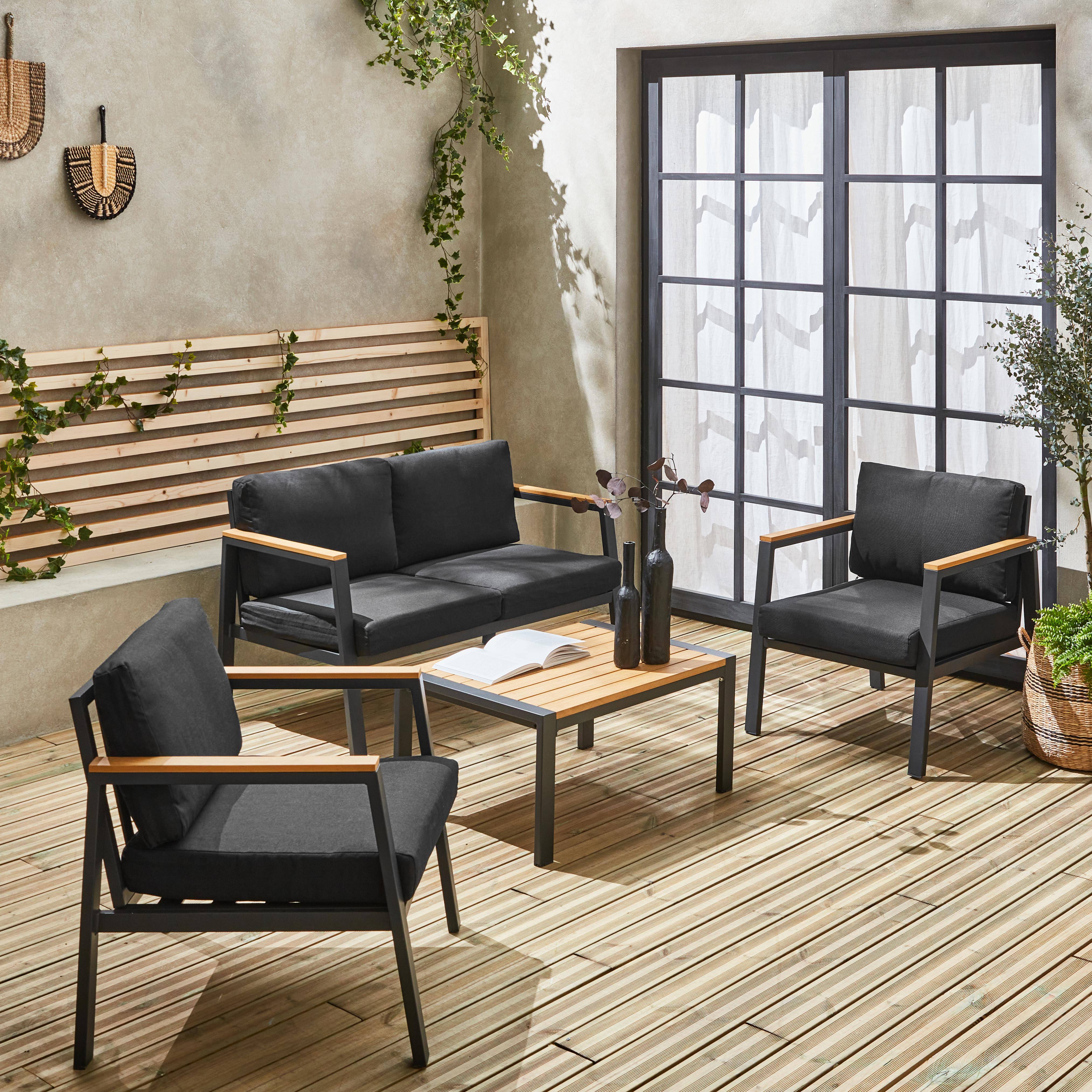 Salon de jardin Casoria, aluminium et polywood 4 places, 1 canapé, 2 fauteuils, 1 table basse Photo1