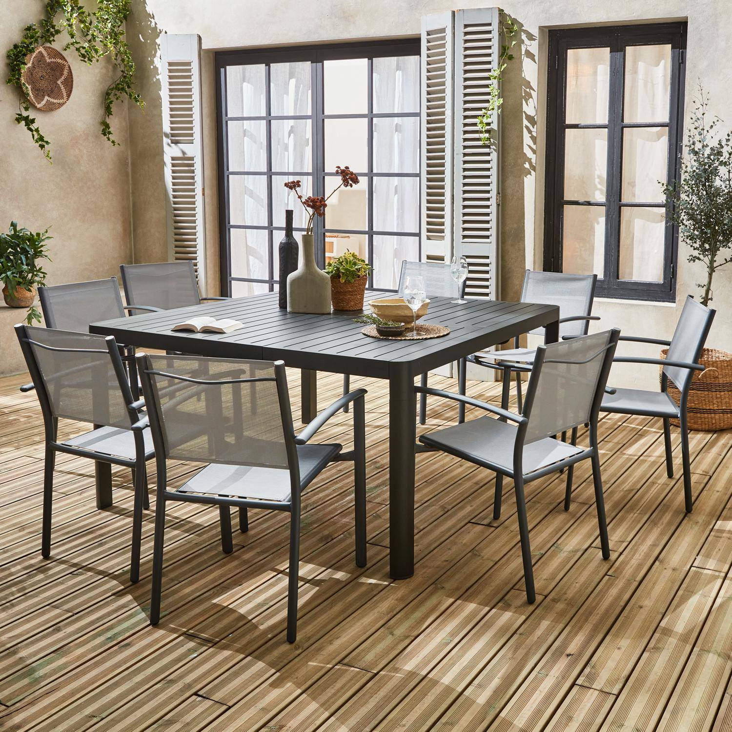 Table de jardin extensible aluminium + 8 fauteuils de jardin empilables, gris clair  Photo3