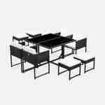 Table de jardin noire avec coussins écrus encastrable résine tressée 8 places : 4 chaises, 4 poufs 109,5 x 109,5 x 73 cm  Photo1
