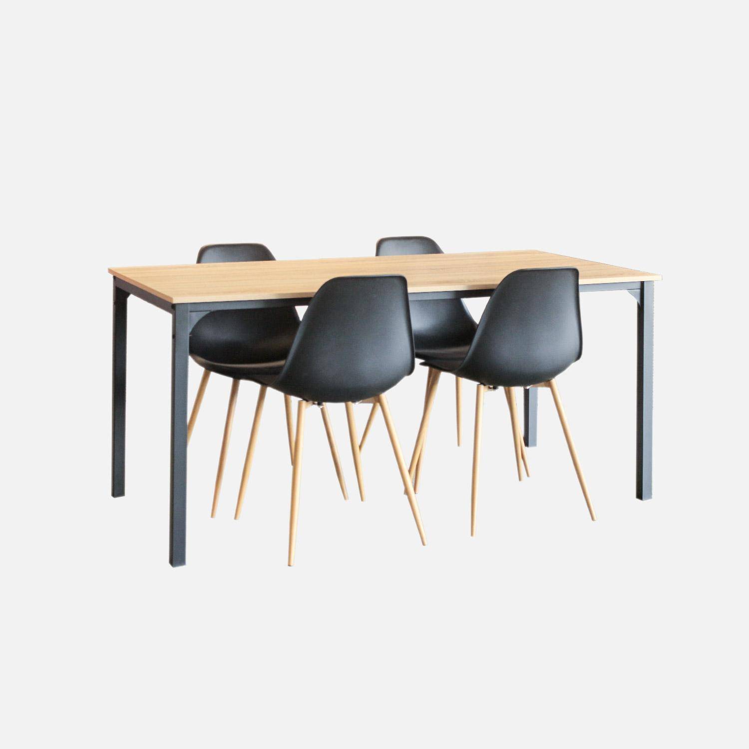 Table à manger Loft rectangulaire métal décor bois + lot de 4 chaises scandinave noires Photo2