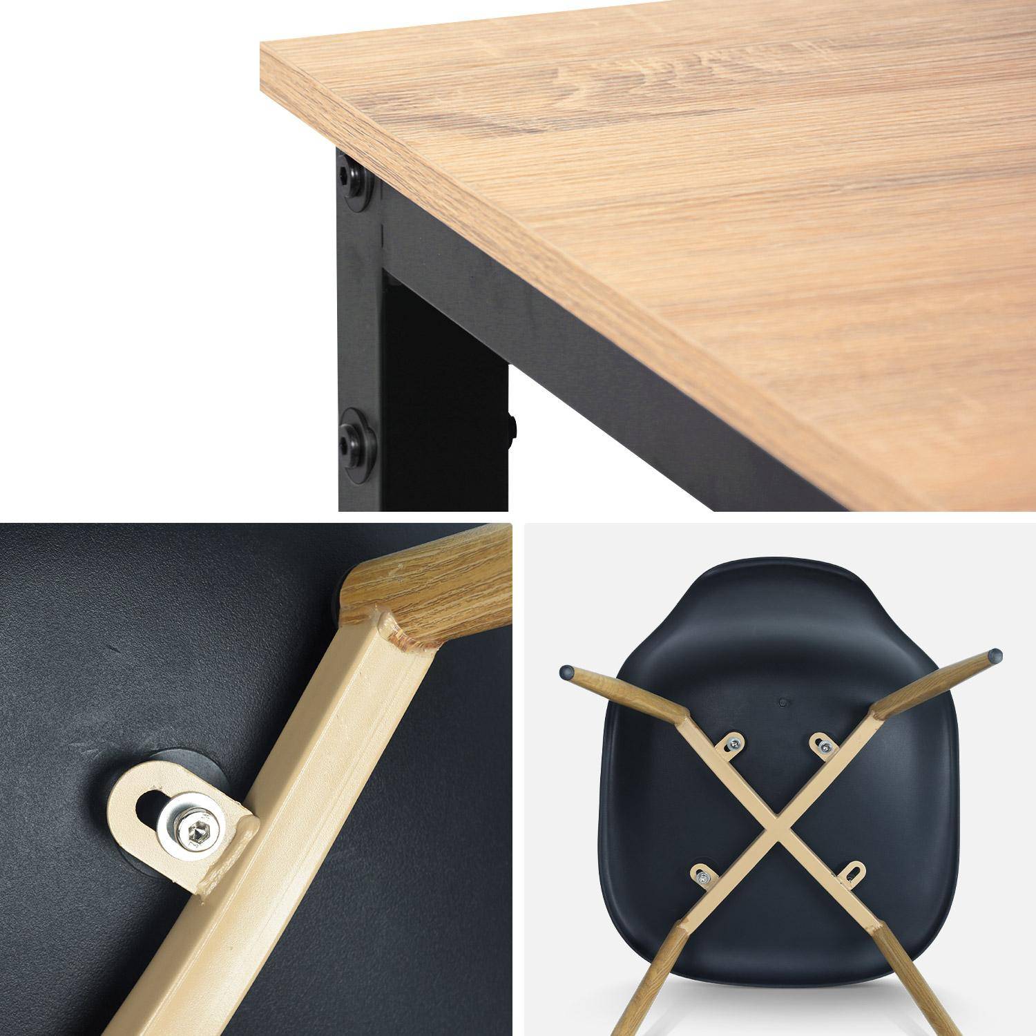 Table à manger Loft rectangulaire métal décor bois + lot de 4 chaises scandinave noires Photo8