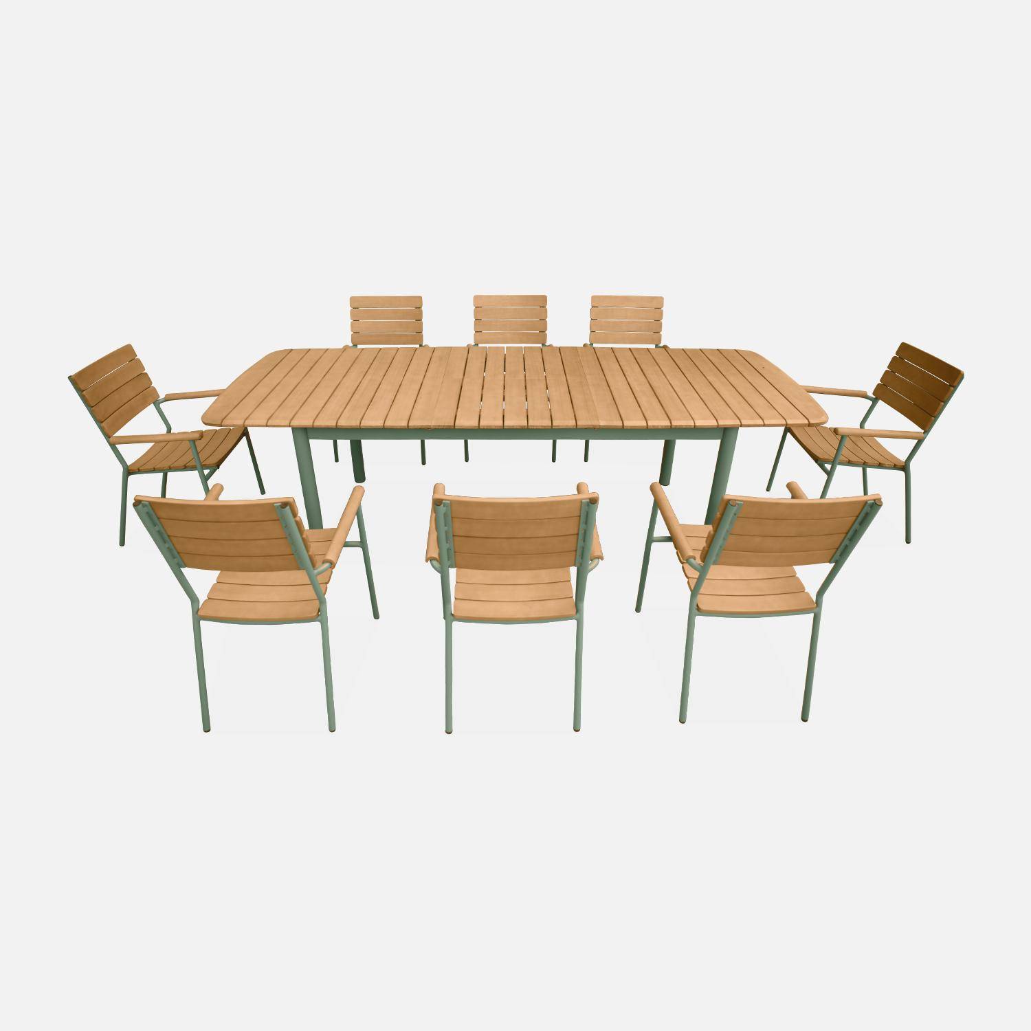 Table de jardin bois eucalyptus et aluminium 190/253cm,  Samana,  avec lot de 8 chaises, structure vert d'eau Photo2
