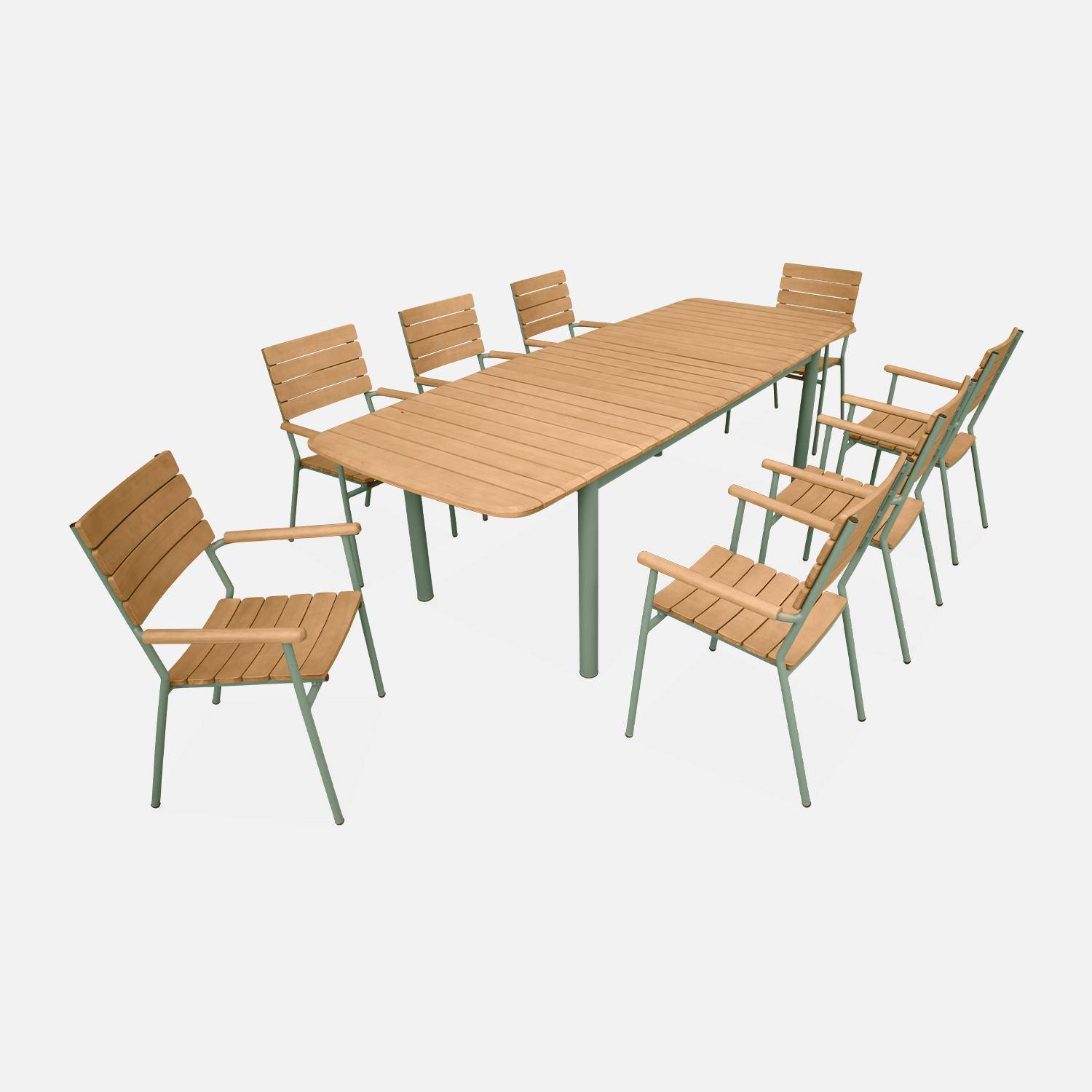Table de jardin bois eucalyptus et aluminium 190/253cm,  Samana,  avec lot de 8 chaises, structure vert d'eau Photo1