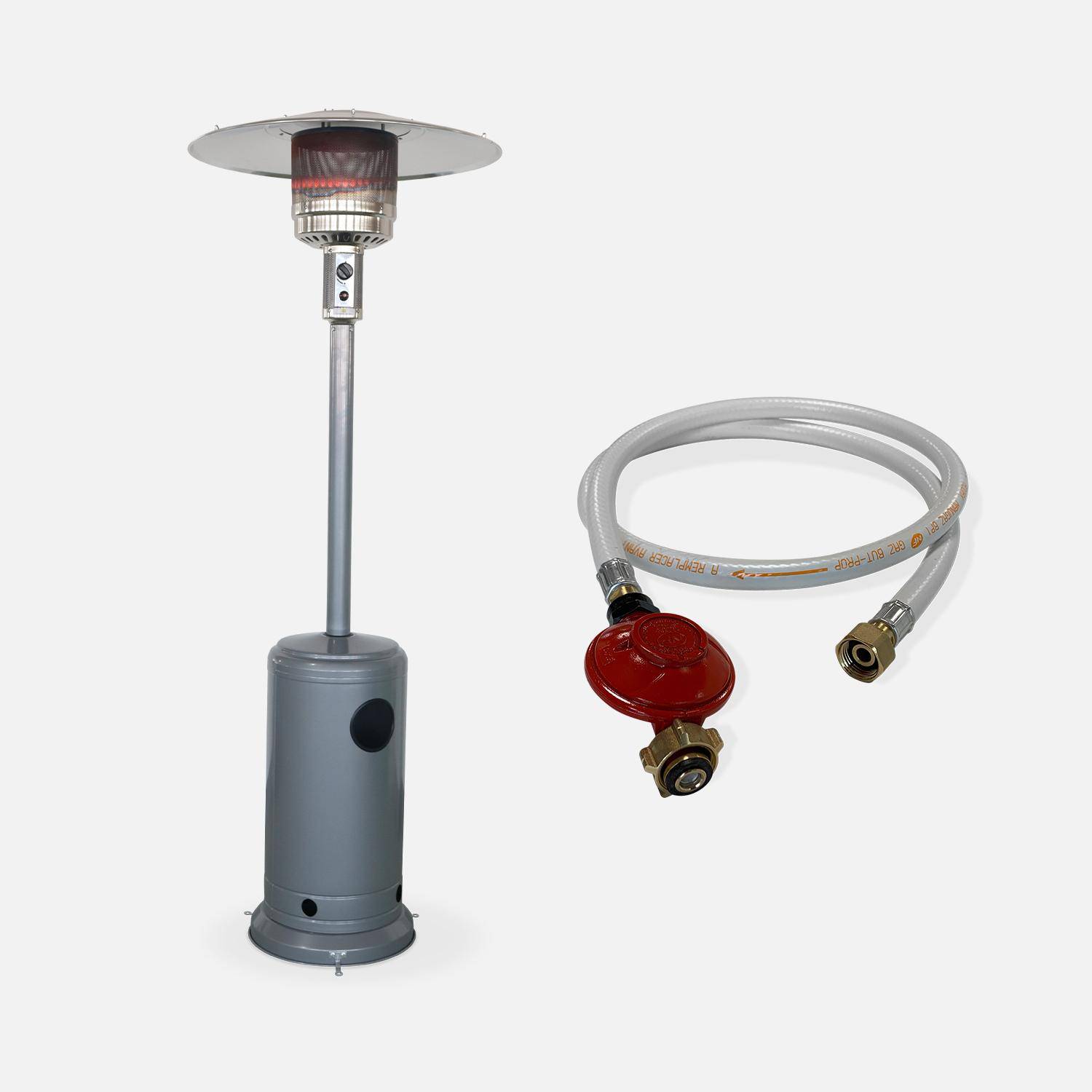 Parasol chauffant gaz gris clair 13kW + Kit tuyau flexible de gaz + détendeur Propane Photo1
