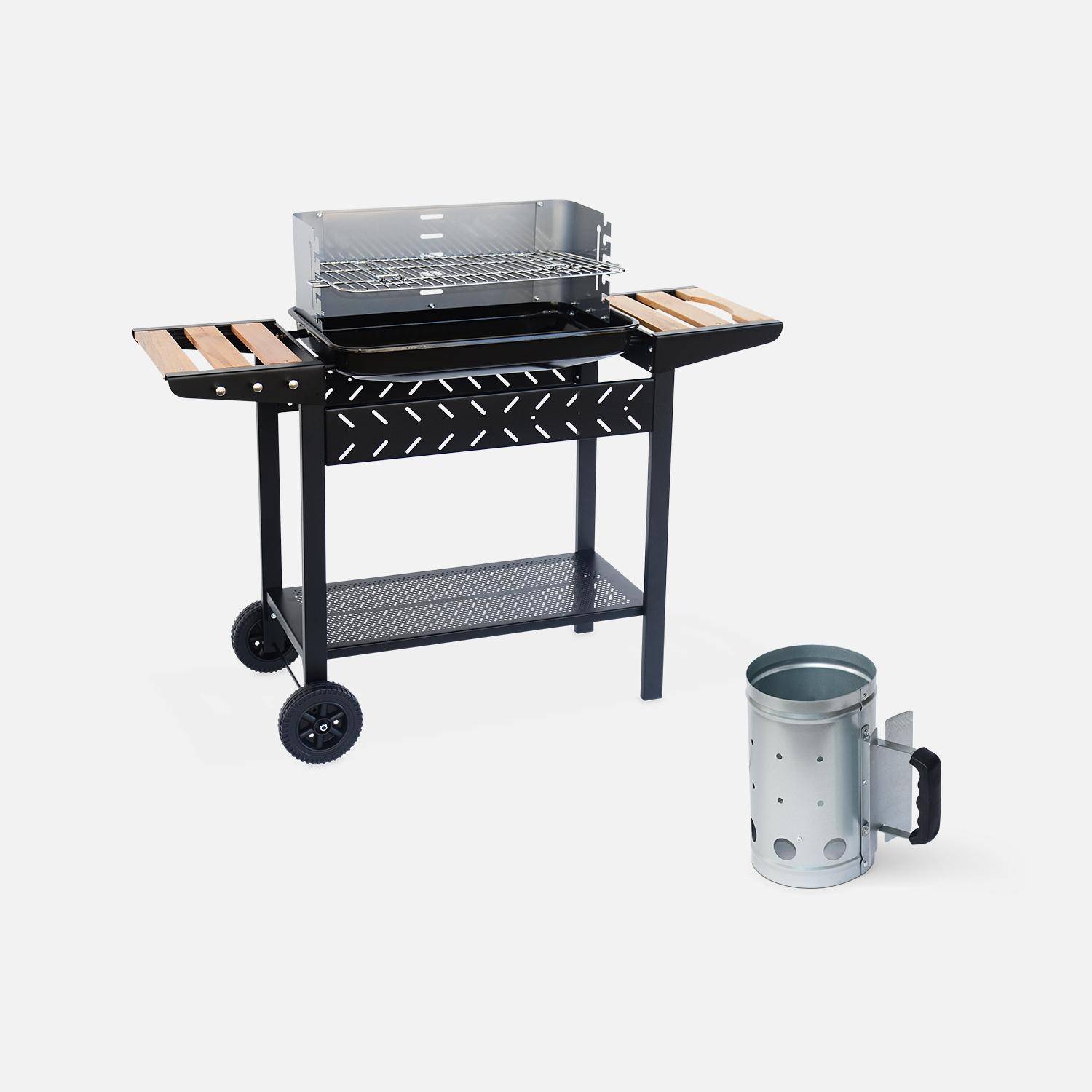 Barbecue au charbon, Noir et gris, hauteur de grille ajustable, cuve émaillée, tablettes en bois + Cheminée d’allumage Photo1