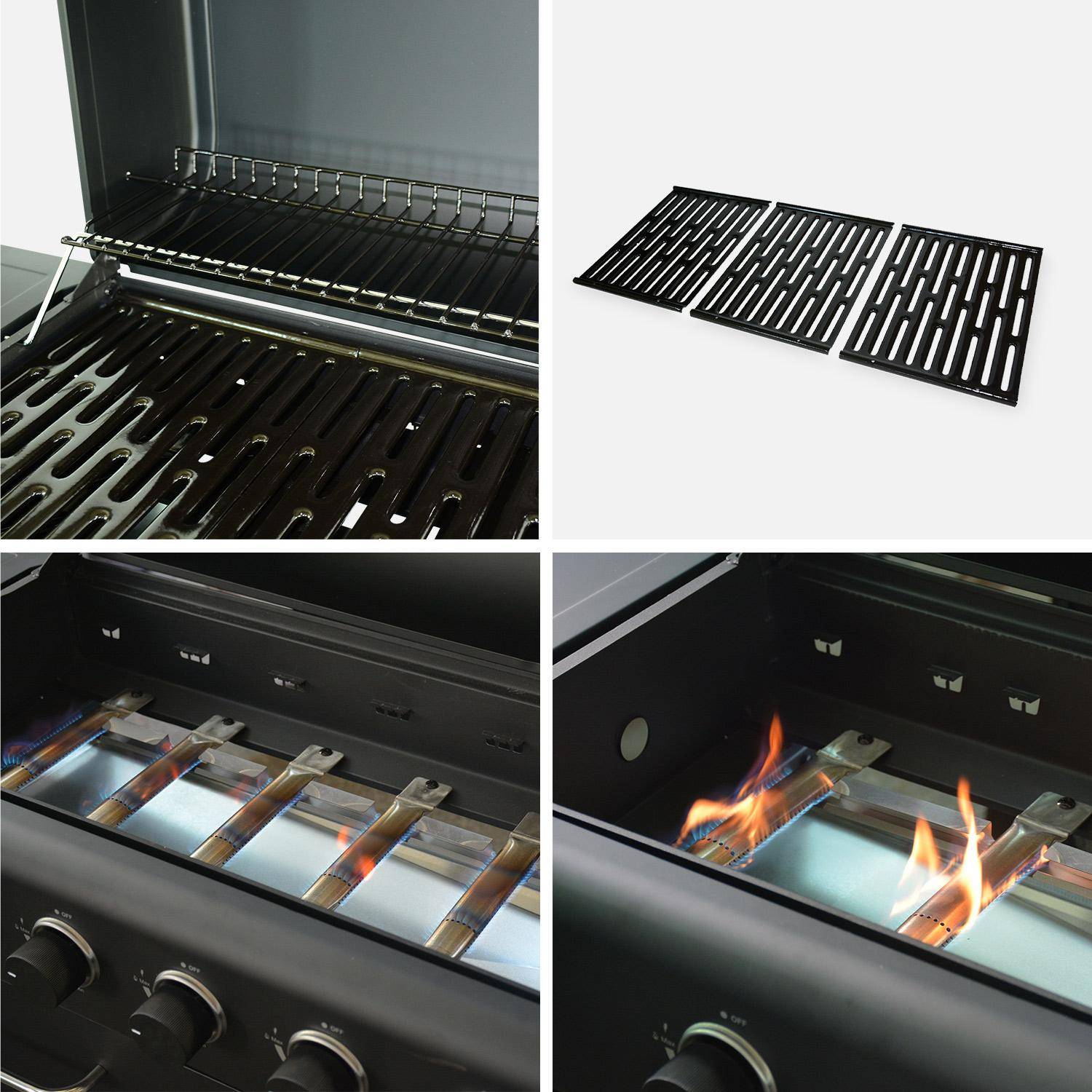 Barbecue noir et inox au gaz 6 brûleurs avec rangement 2 tablettes rabattables 2 roues PVC + housse de protection  Photo7