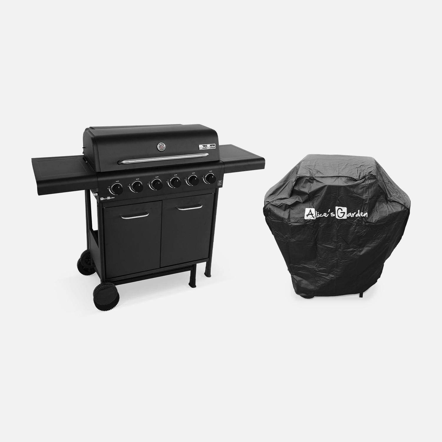 Barbecue noir et inox au gaz 6 brûleurs avec rangement 2 tablettes rabattables 2 roues PVC + housse de protection  Photo1