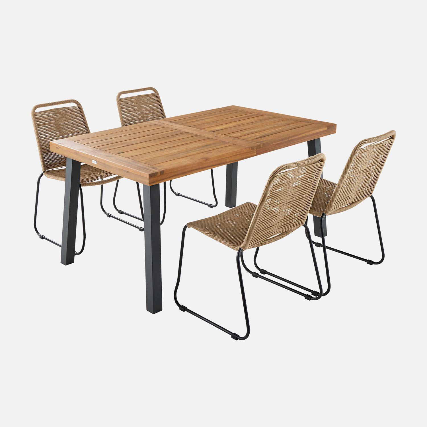 Table intérieur / extérieur Santana en bois et métal, 150cm + 4 chaises en corde BRASILIA beiges, empilables Photo3