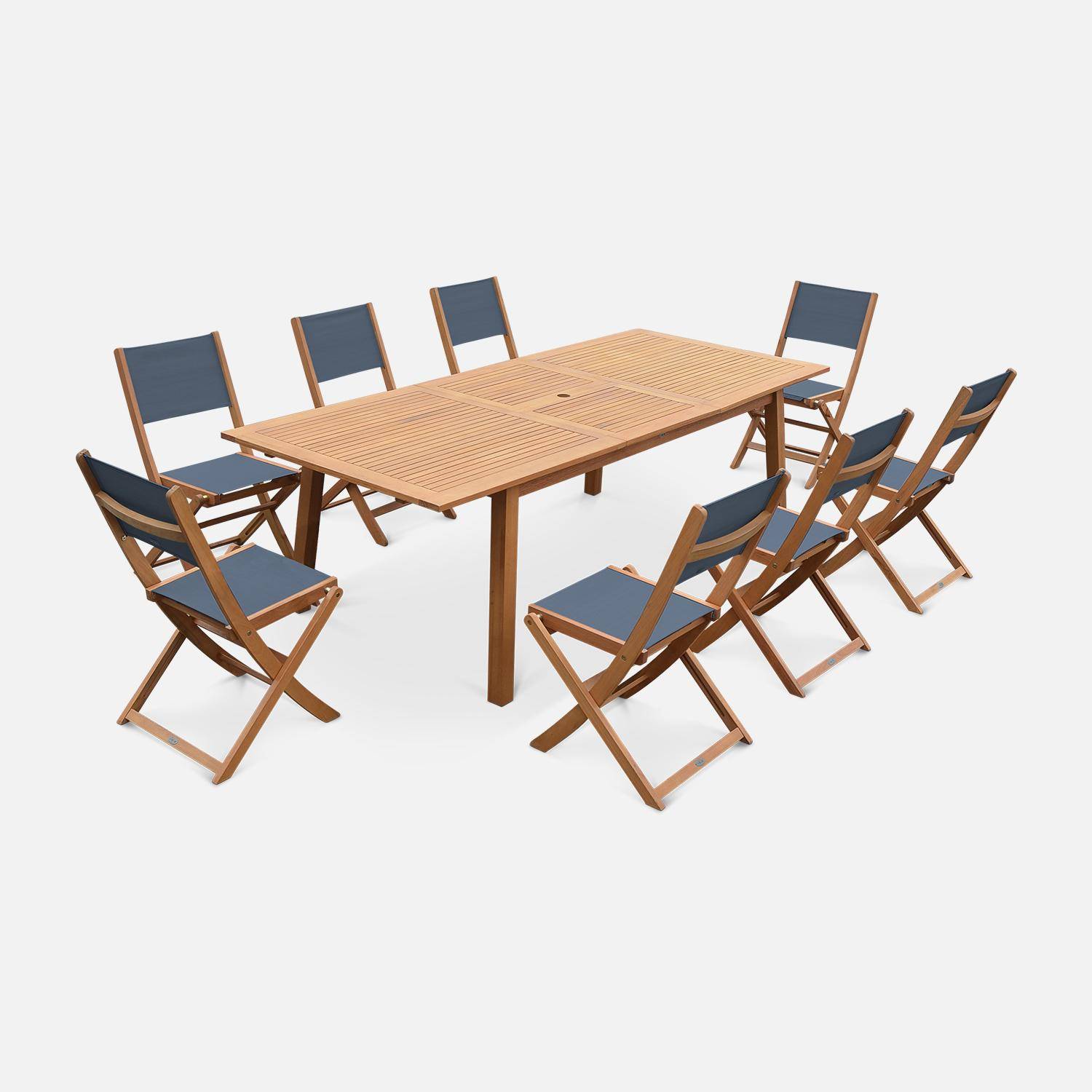 Conjunto de mobiliário de jardim em madeira extensível - Almeria - Mesa extensível grande 180/240cm, 8 cadeiras, em madeira de eucalipto FSC oleada e textilene taupe Photo1