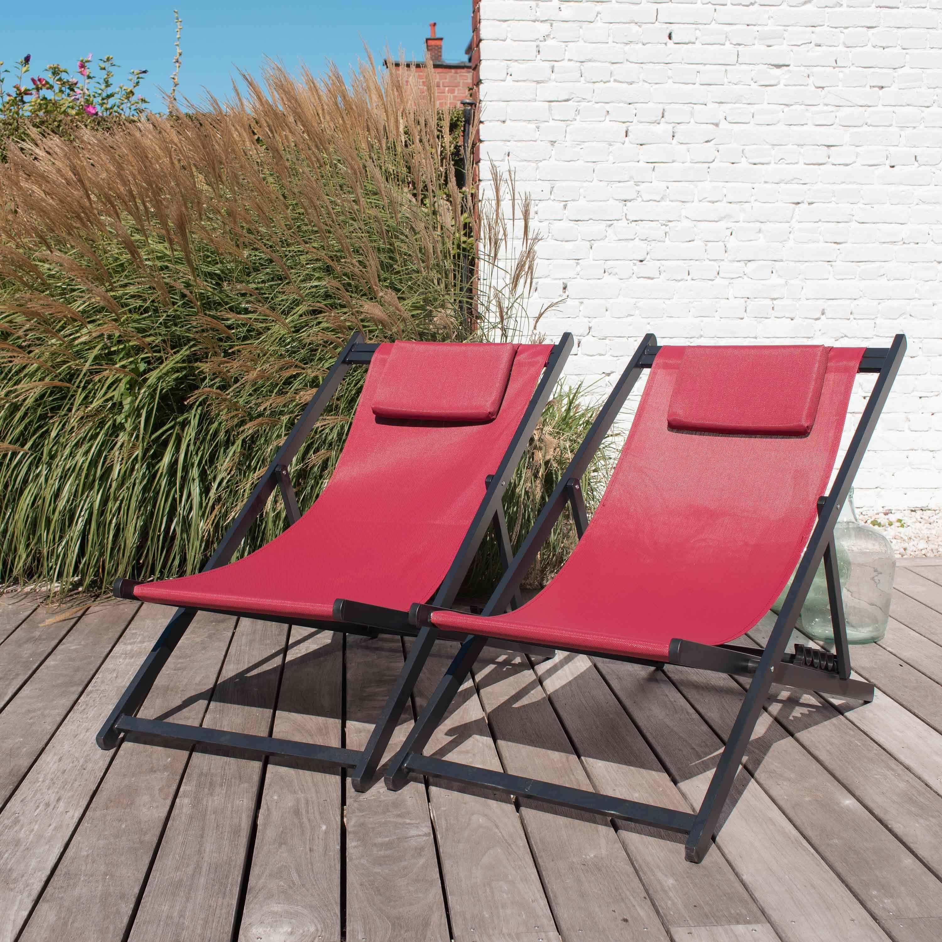 Set mit 2 Sonnenliegen - Gaia Bordeaux - aus anthrazitgrauem Aluminium und Bordeauxfarbenem Textilene mit Kopfstützenkissen, Liegestuhl Photo1