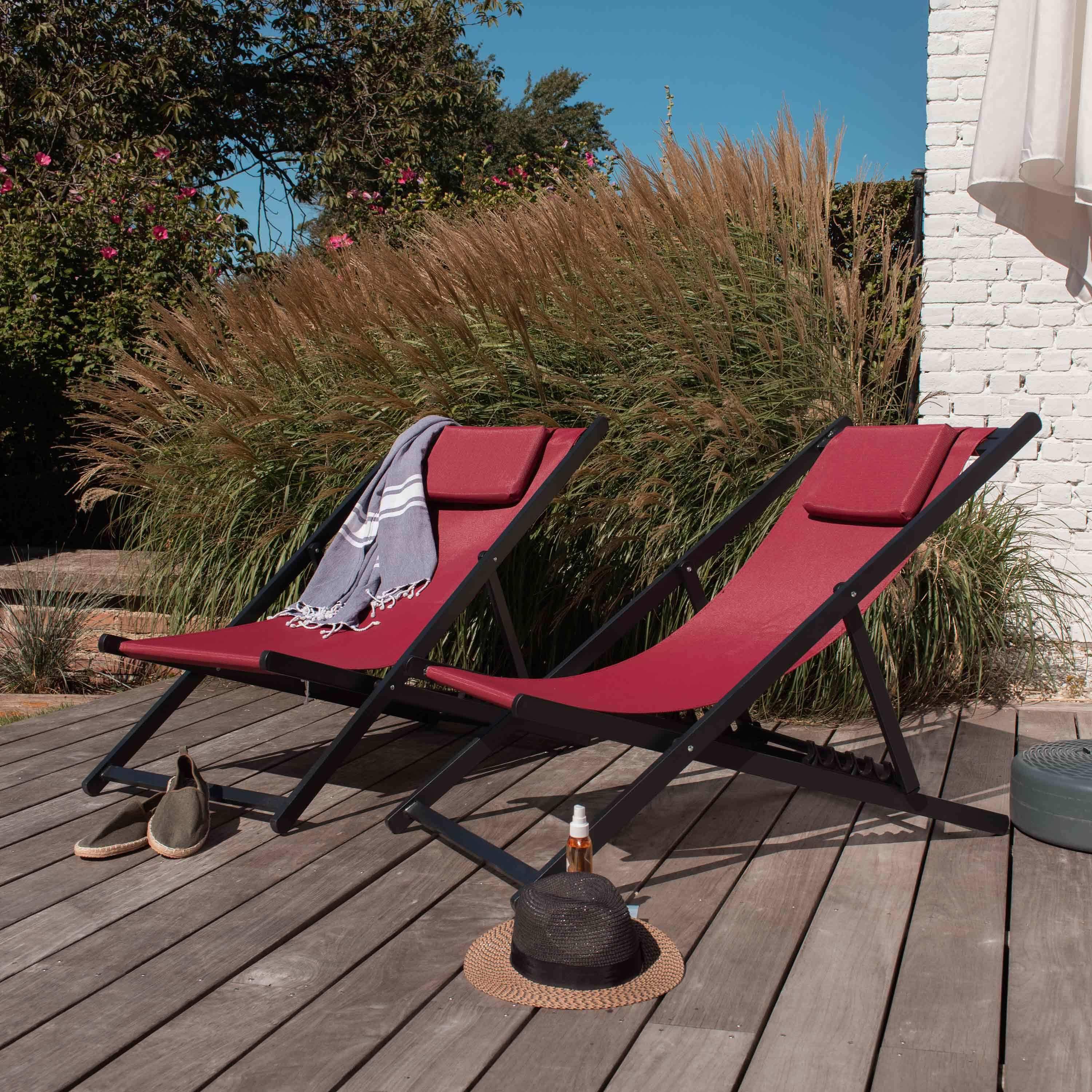 Set mit 2 Sonnenliegen - Gaia Bordeaux - aus anthrazitgrauem Aluminium und Bordeauxfarbenem Textilene mit Kopfstützenkissen, Liegestuhl Photo2