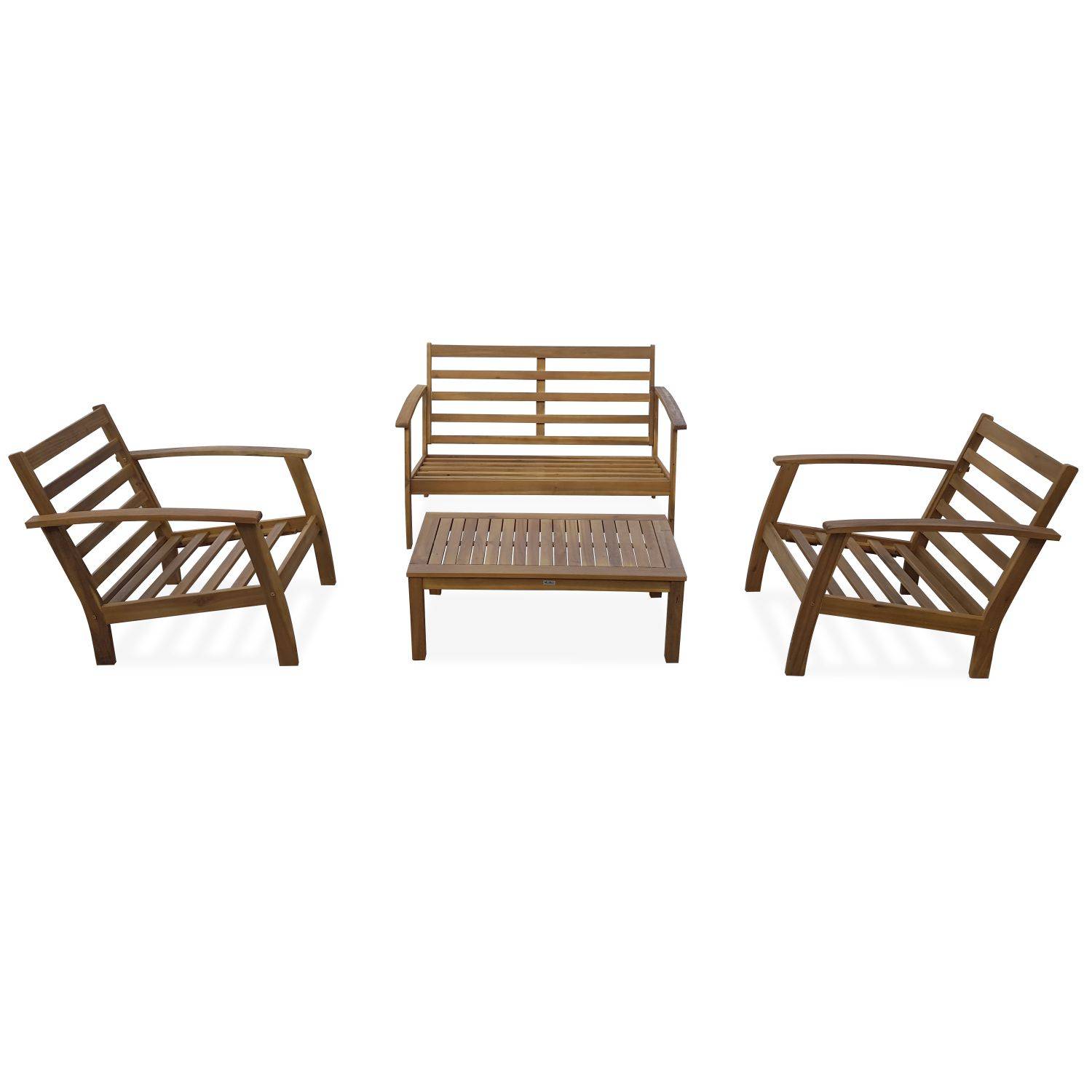 4 Sitze Holz Gartenmöbel - Ushuaïa - Senffarbene Kissen, Sofa, Sessel und Couchtisch aus Akazie, Design Photo7