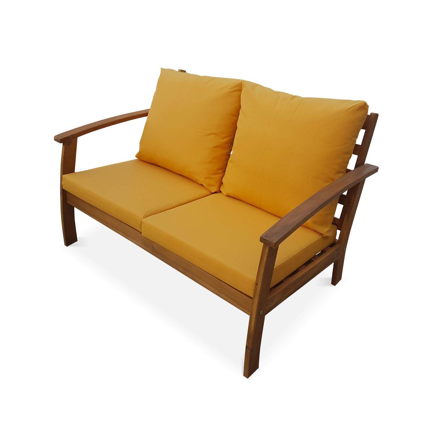 4 Sitze Holz Gartenmöbel - Ushuaïa - Senffarbene Kissen, Sofa, Sessel und Couchtisch aus Akazie, Design Photo3