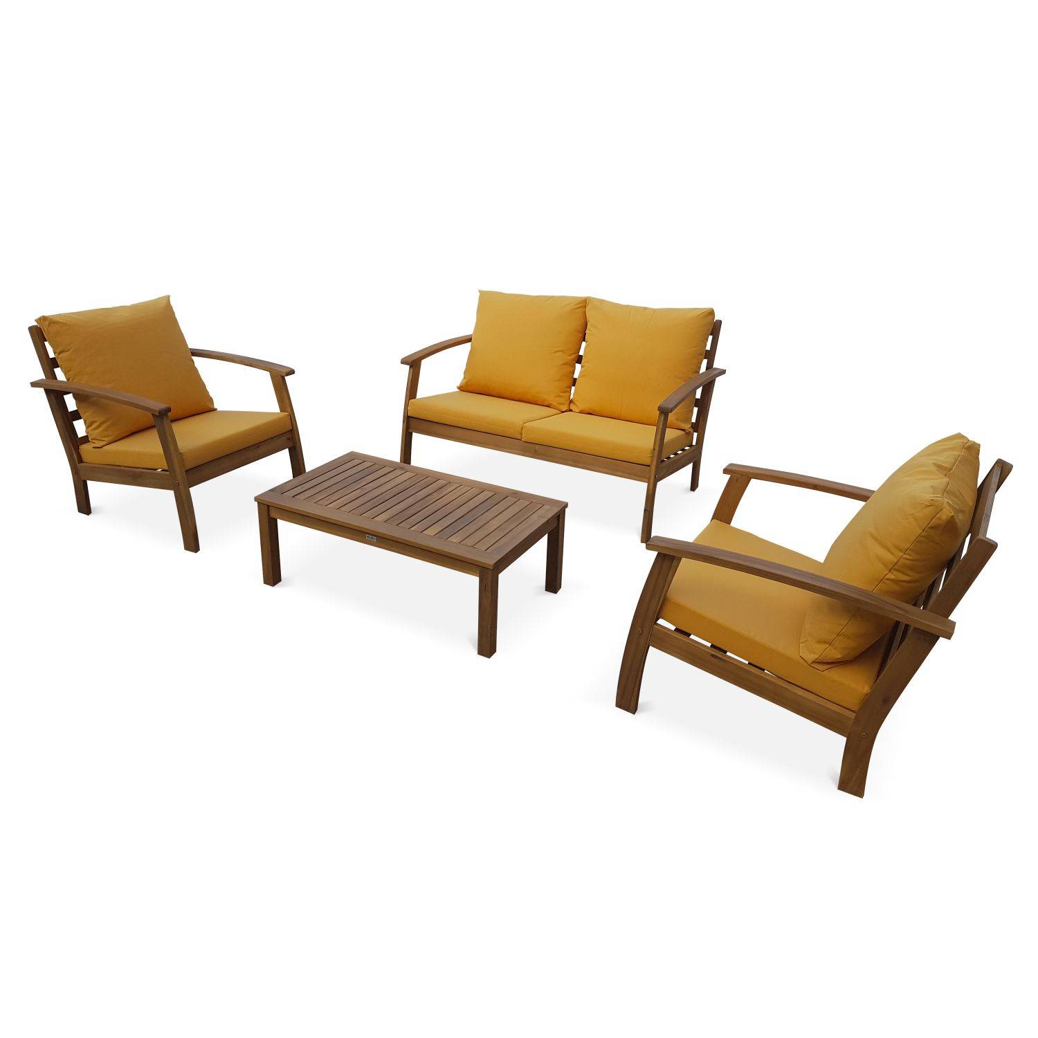 4 Sitze Holz Gartenmöbel - Ushuaïa - Senffarbene Kissen, Sofa, Sessel und Couchtisch aus Akazie, Design Photo2