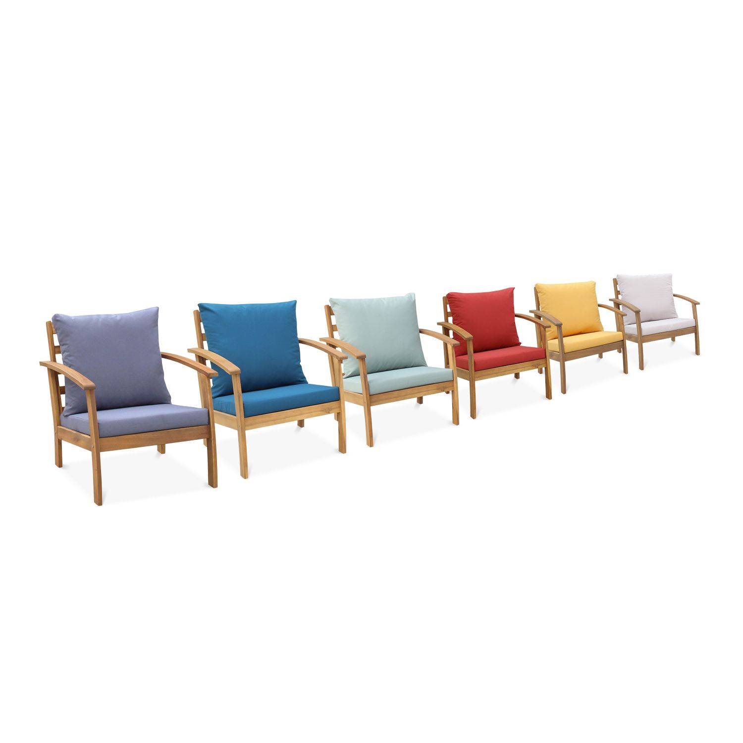 4 Sitze Holz Gartenmöbel - Ushuaïa - Senffarbene Kissen, Sofa, Sessel und Couchtisch aus Akazie, Design Photo8