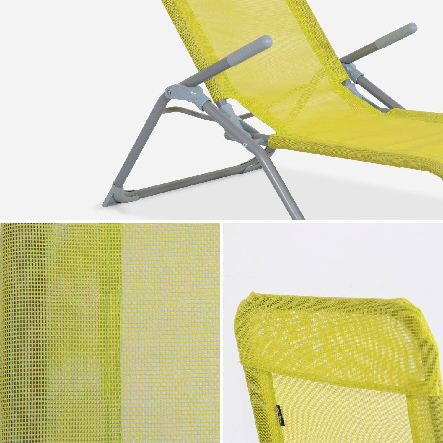 Lot de 2 bains de soleil pliants - Levito Vert - Transats textilène, 2 positions, chaises longues pliables Photo4
